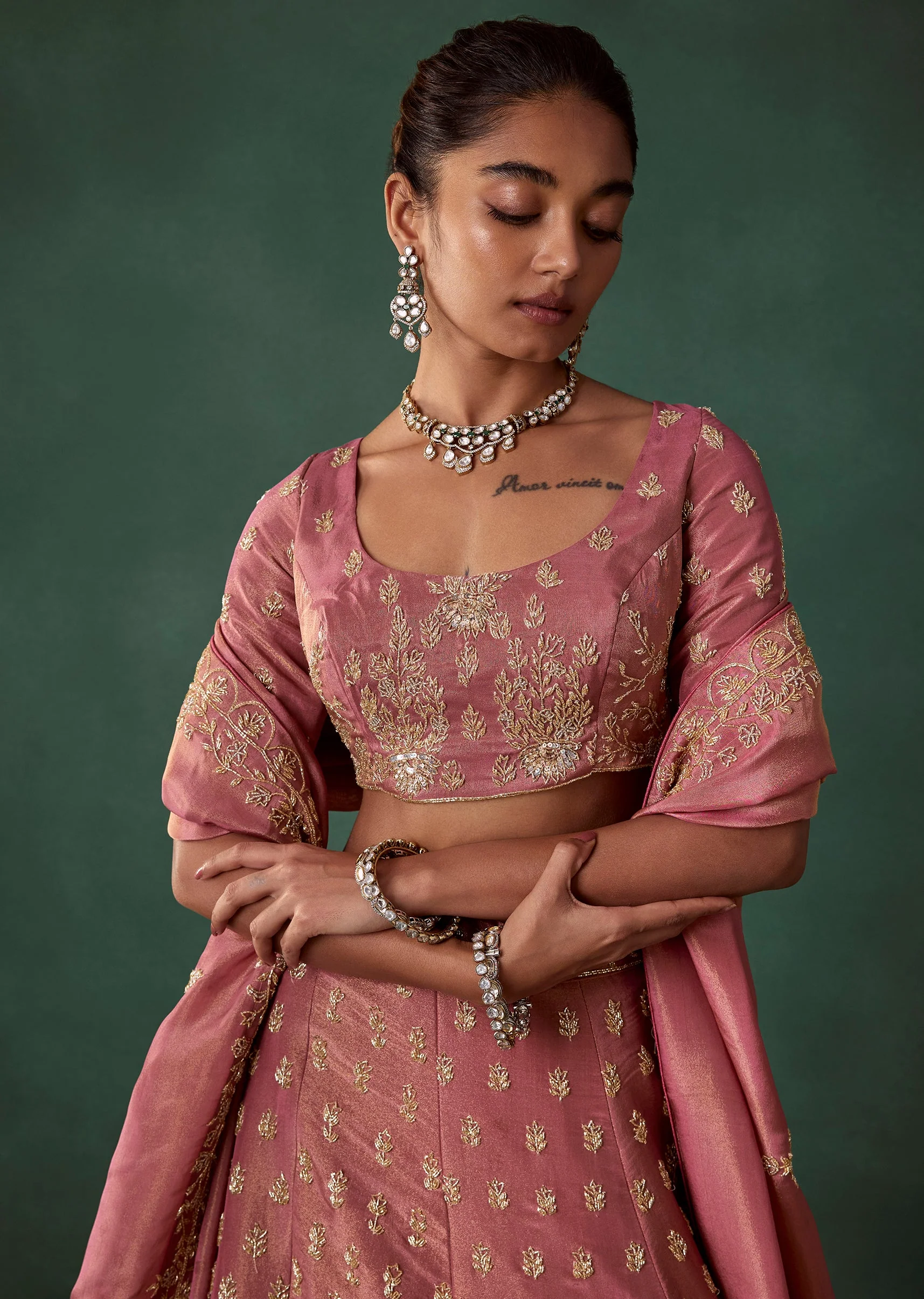 Onion Pink Tissue Embroidered Bridal Lehenga Set with Cutdana Work - Image 3