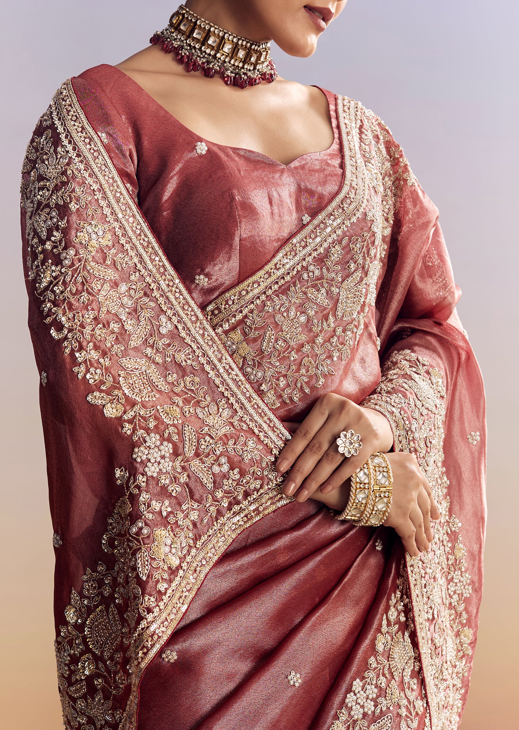 Onion Pink Tissue Saree With Detailed Floral Embroidered Border - Image 2