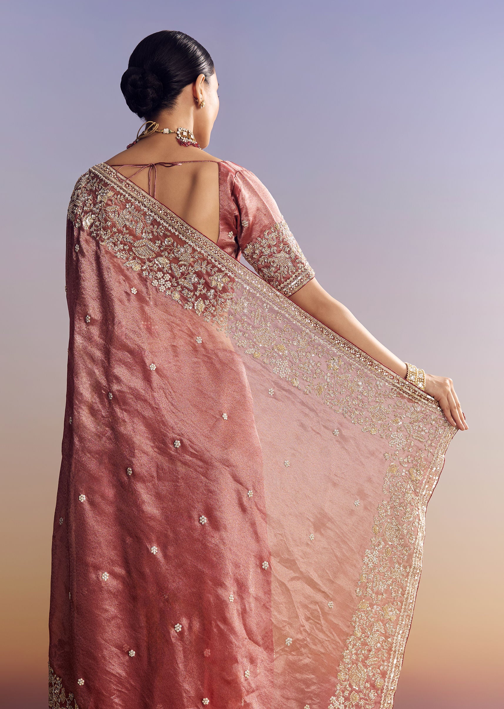 Onion Pink Tissue Saree With Detailed Floral Embroidered Border - Image 4
