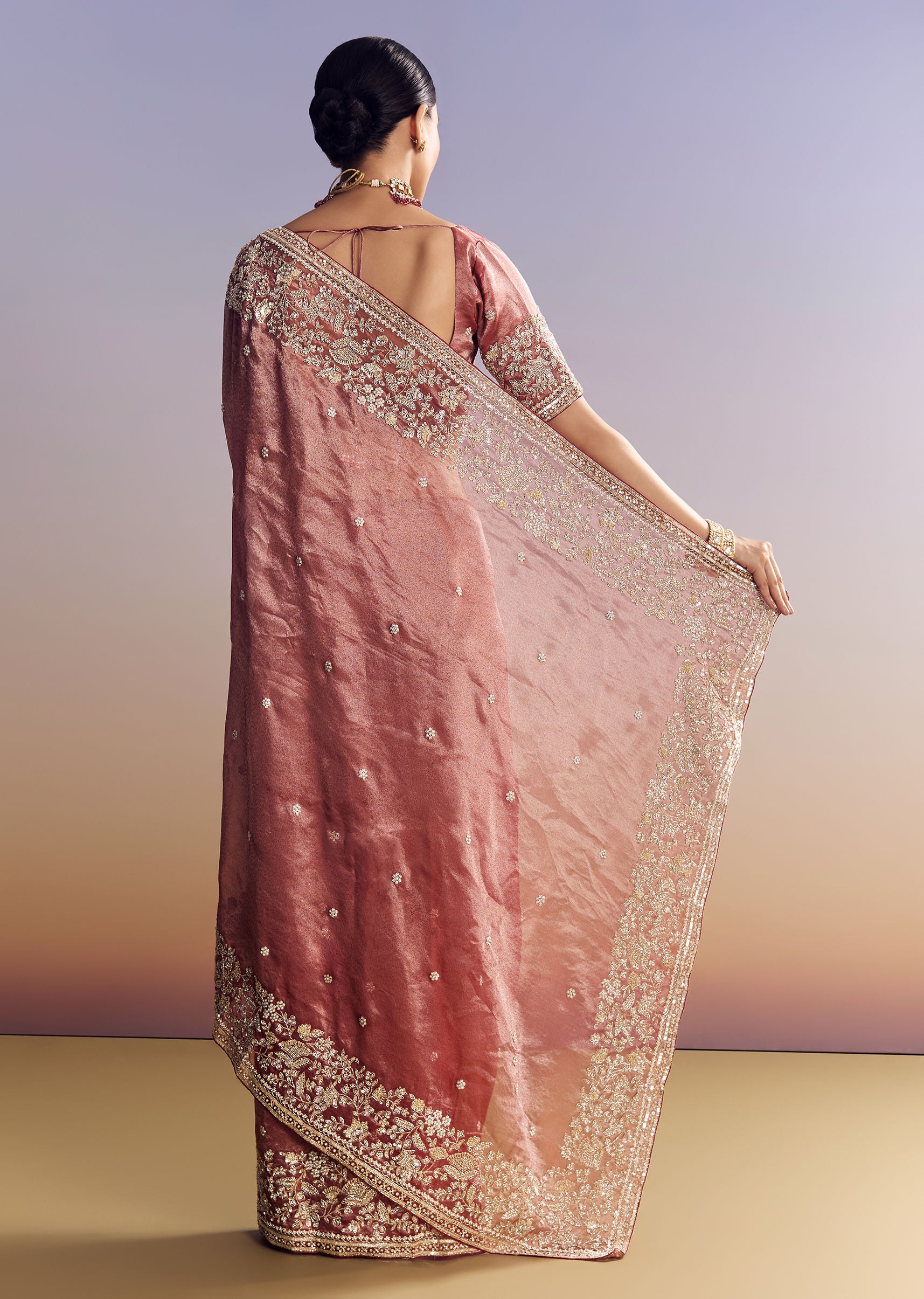 Onion Pink Tissue Saree With Detailed Floral Embroidered Border - Image 6