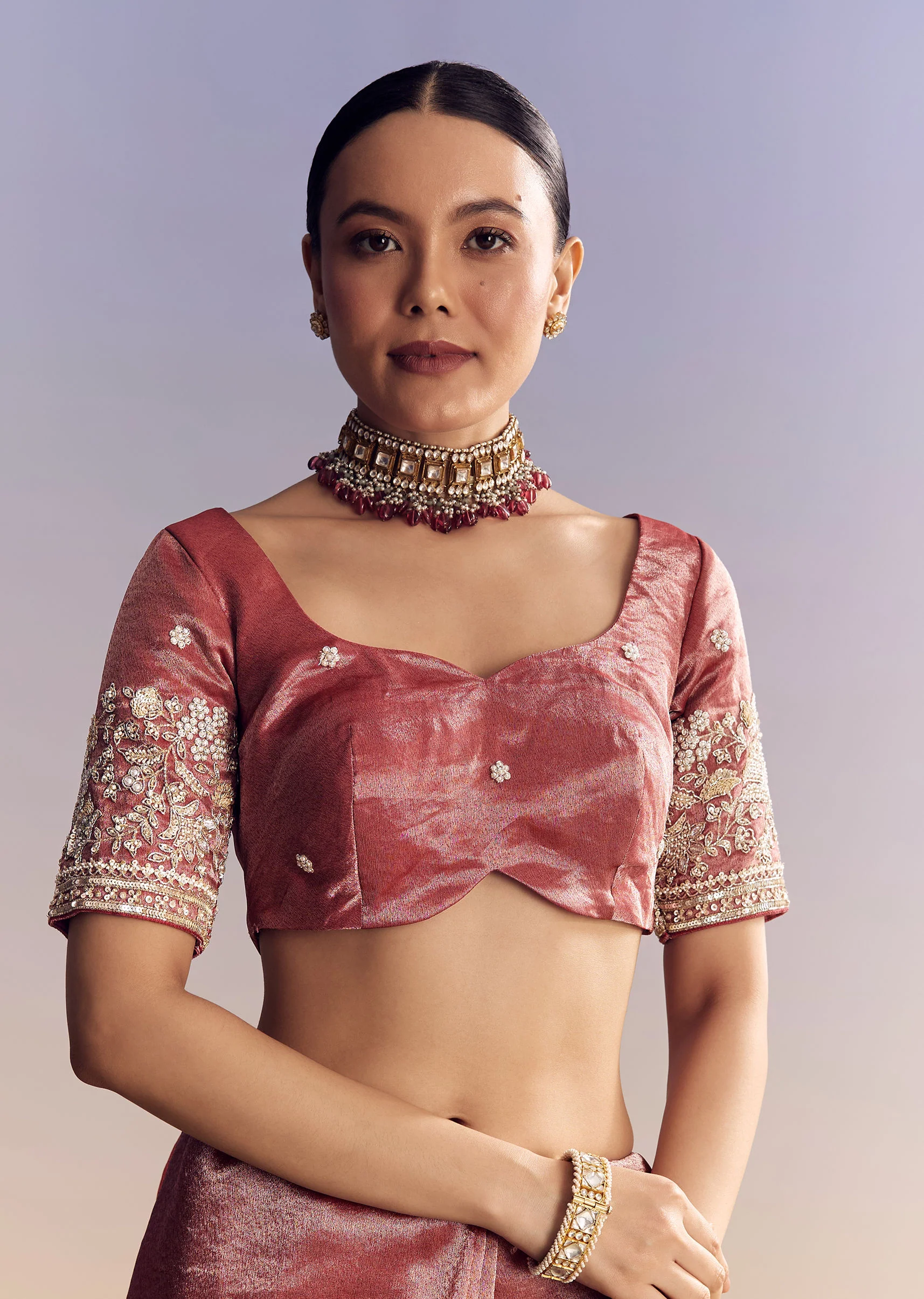 Onion Pink Tissue Saree With Detailed Floral Embroidered Border - Image 7