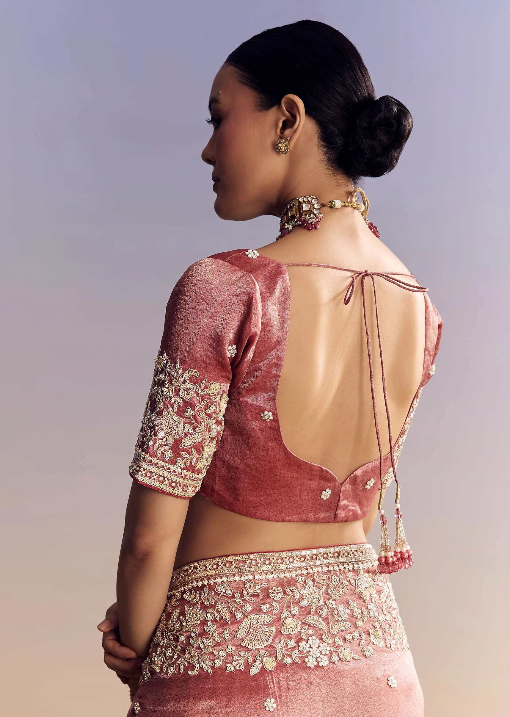 Onion Pink Tissue Saree With Detailed Floral Embroidered Border - Image 8
