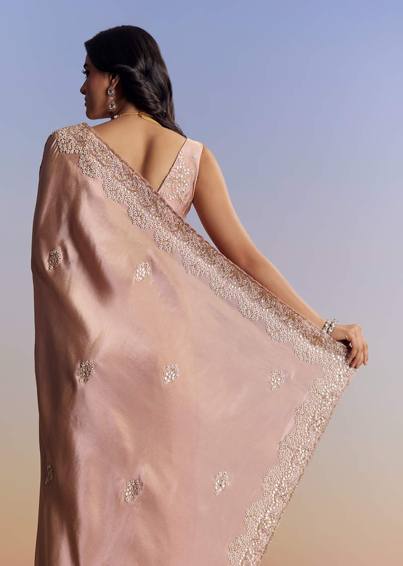 Onion Pink Tissue Saree With Gota Patti Moti And Cutdana Scallop Border - Image 4