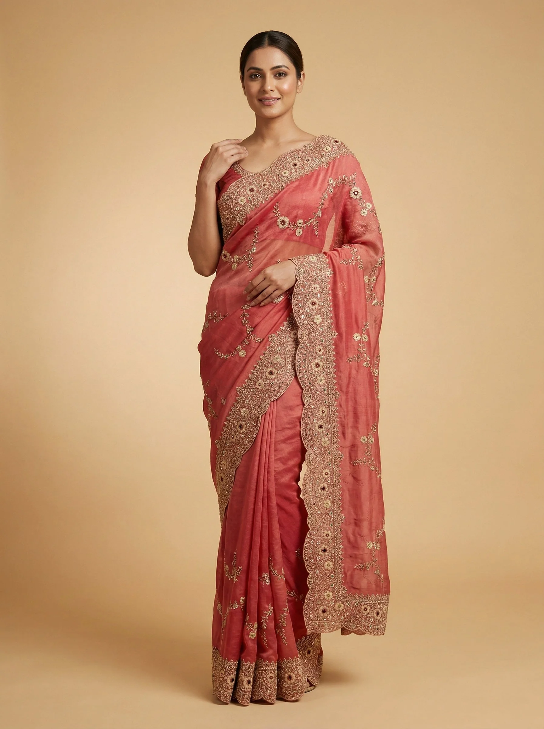 Onion Softened Embroidered Saree