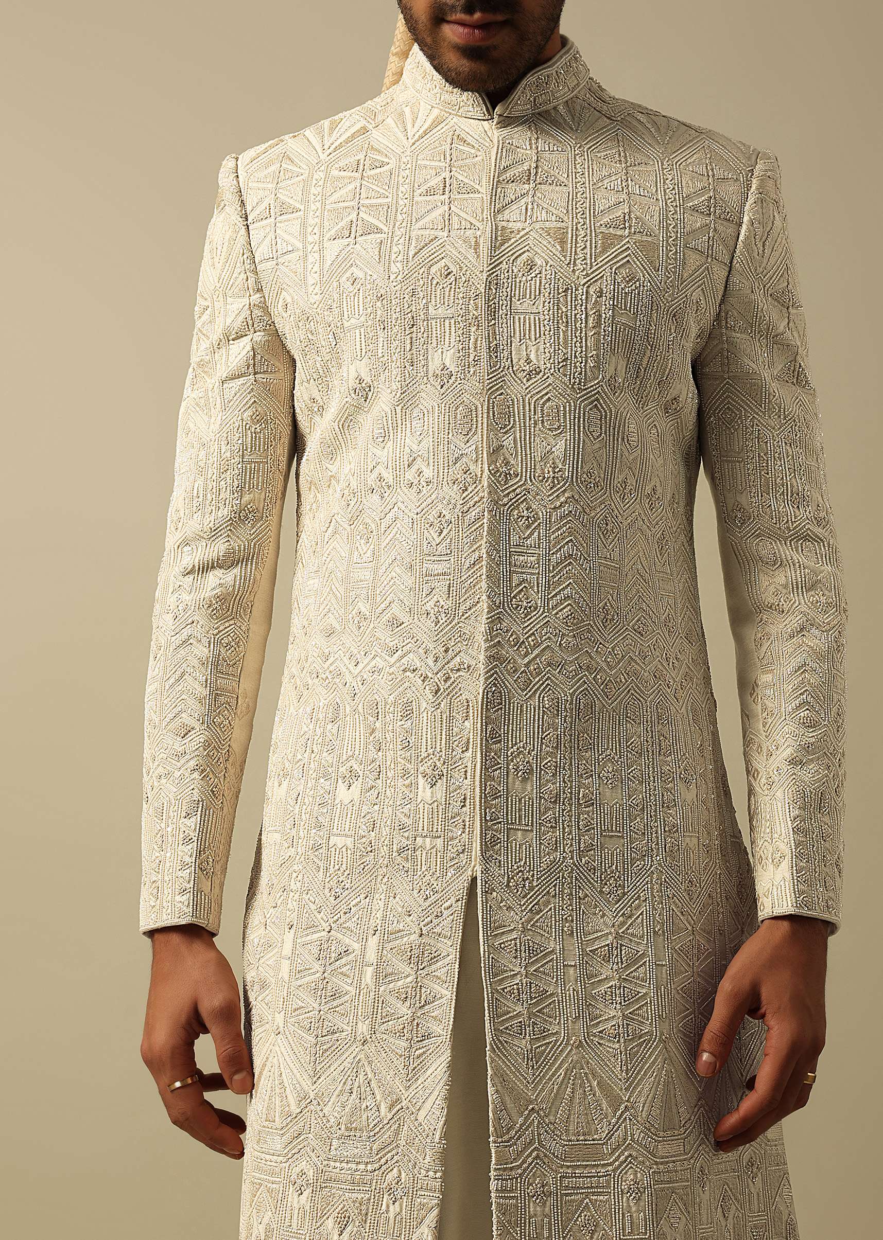 Opulent Beige Banarasi Silk Sherwani - Image 3