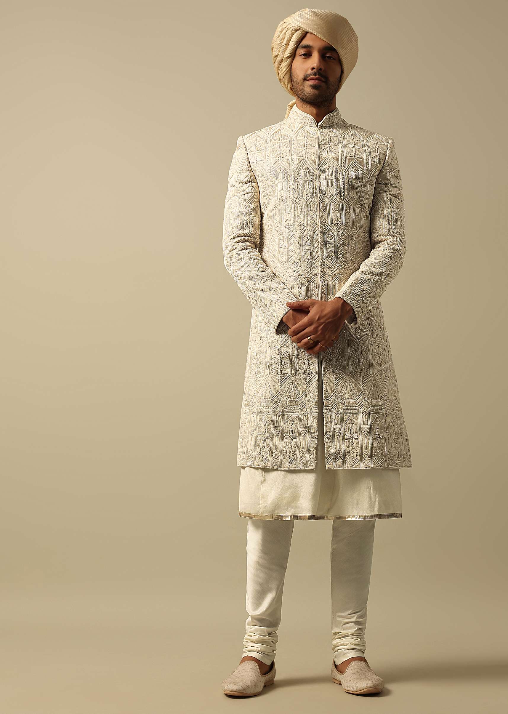 Opulent Beige Banarasi Silk Sherwani - Image 4