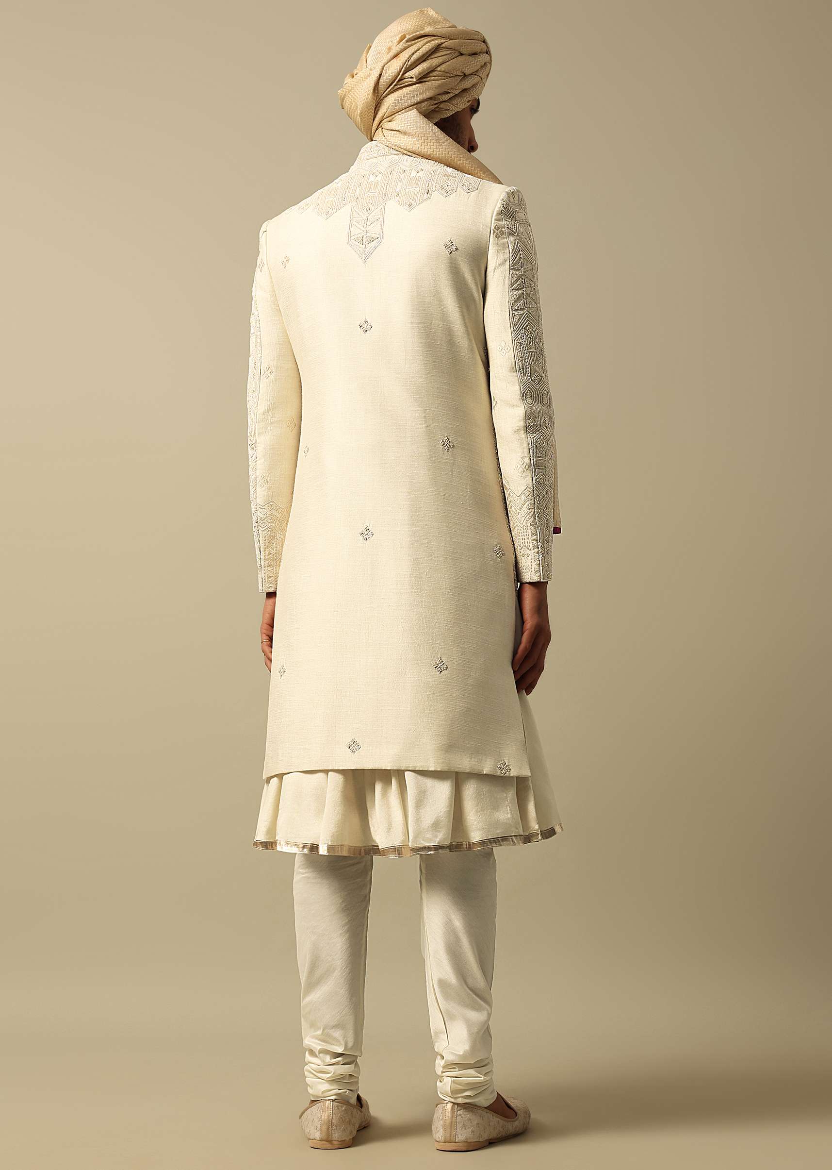 Opulent Beige Banarasi Silk Sherwani - Image 5
