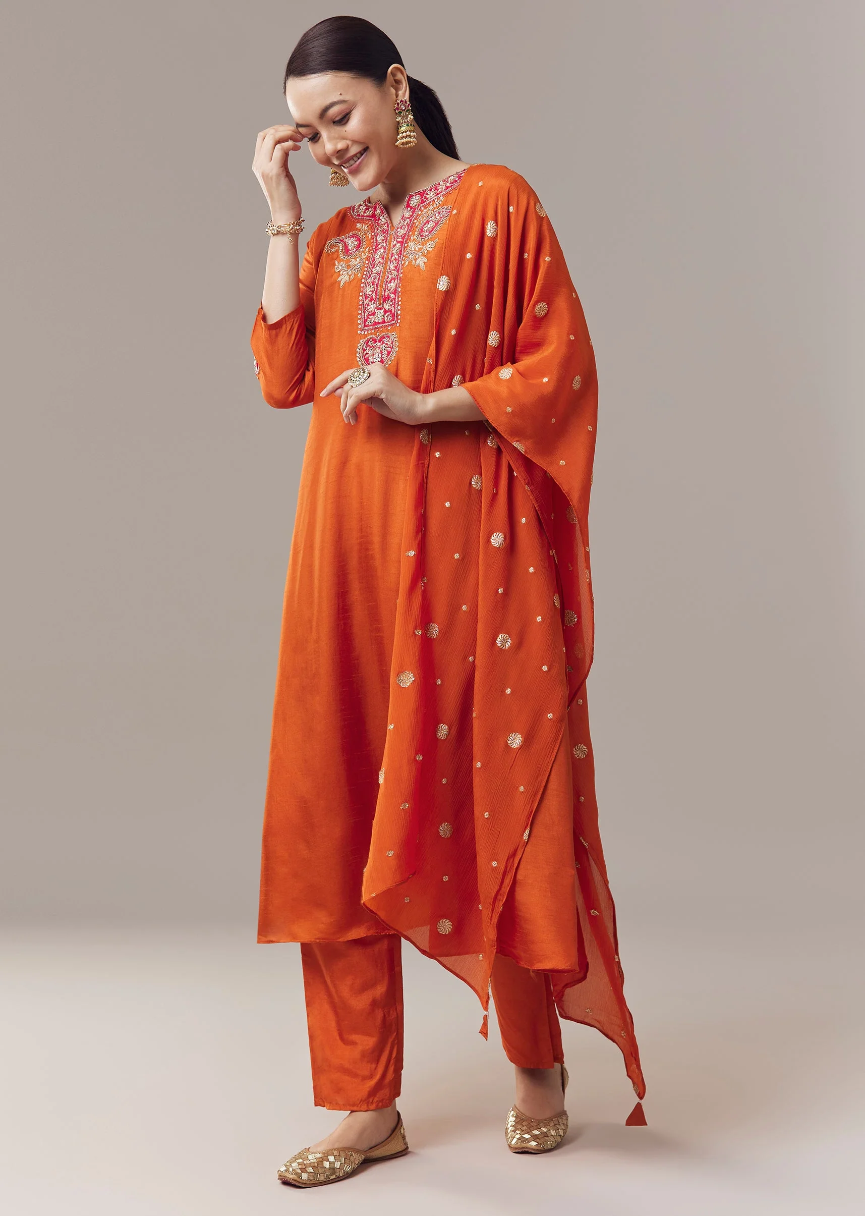 Orange Anarkali With Zardosi And Sequins Work And Dupatta - Image 3