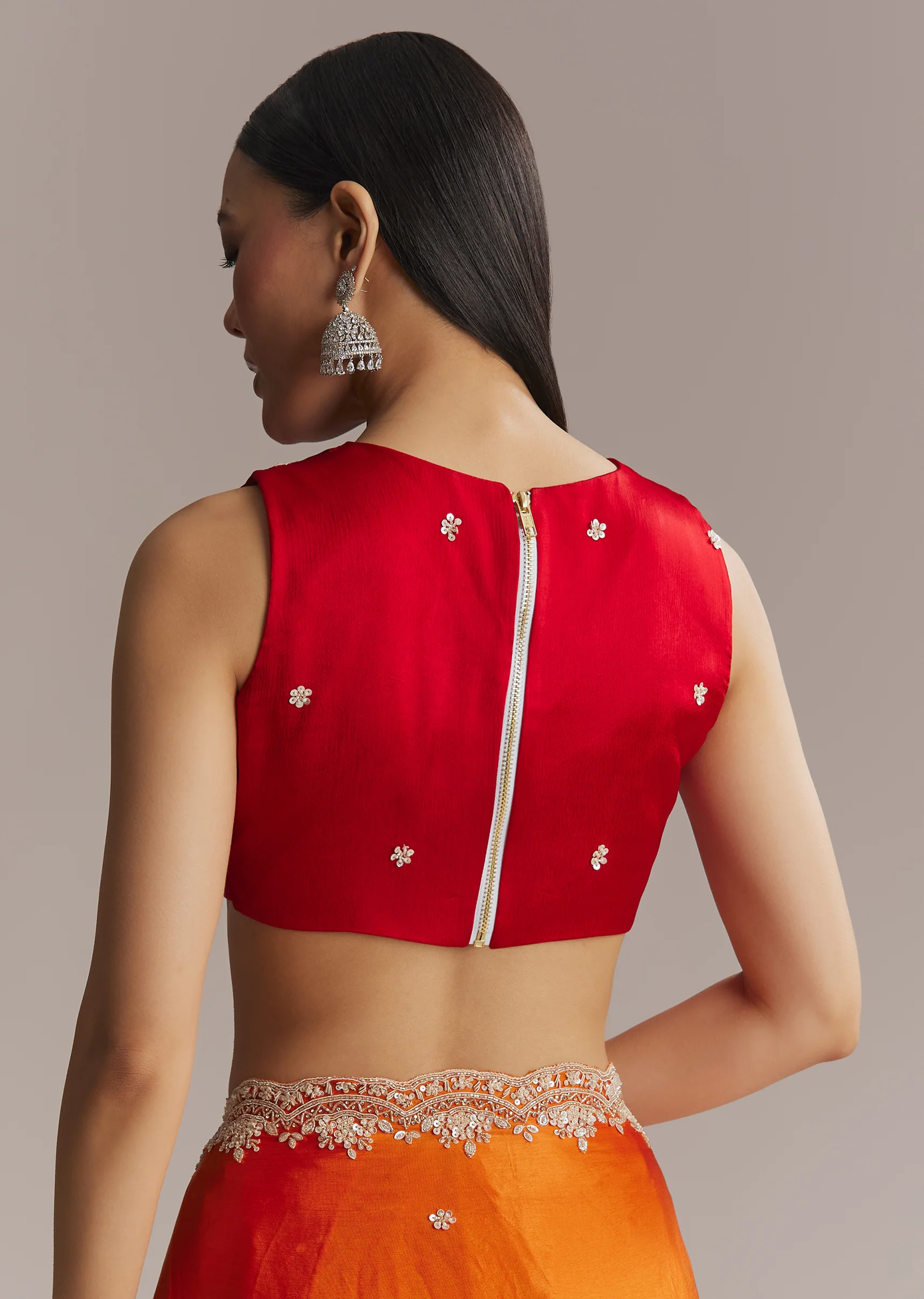 Orange And Red Chinon Saree With Sequin And Bead Embroidery - Image 8