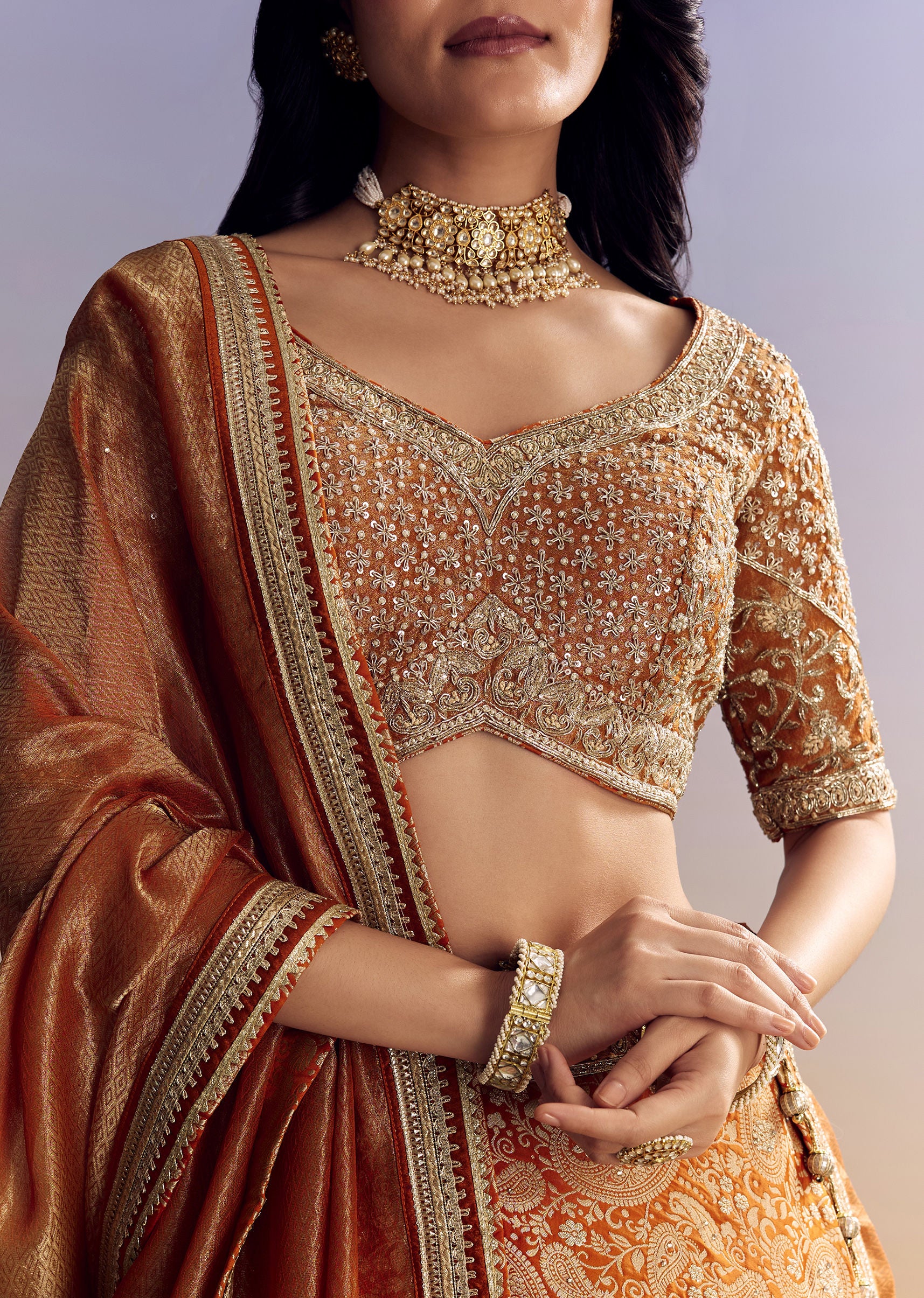 Orange Banarasi Lehenga With Embroidered Choli And Dupatta - Image 3