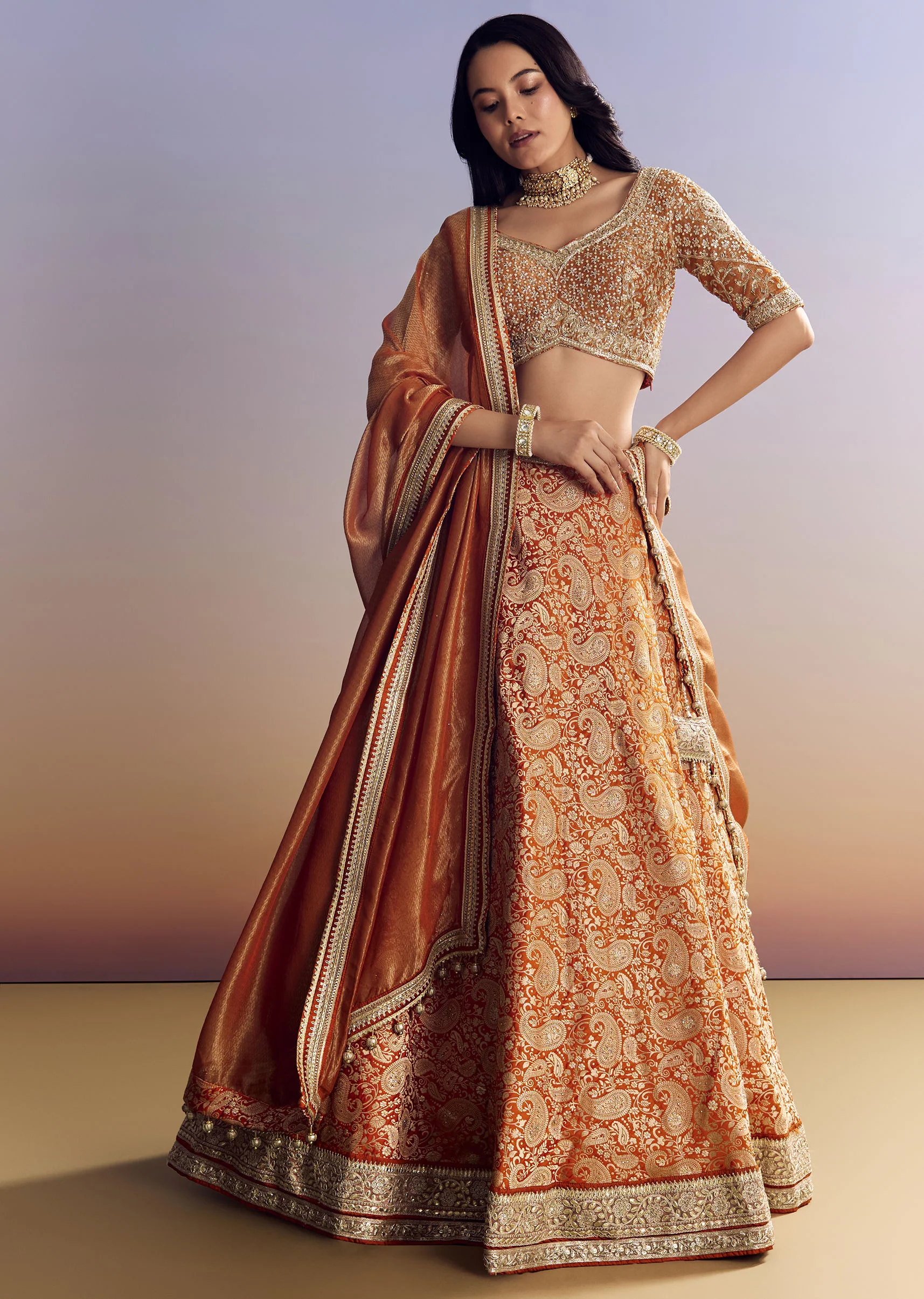 Orange Banarasi Lehenga With Embroidered Choli And Dupatta - Image 4