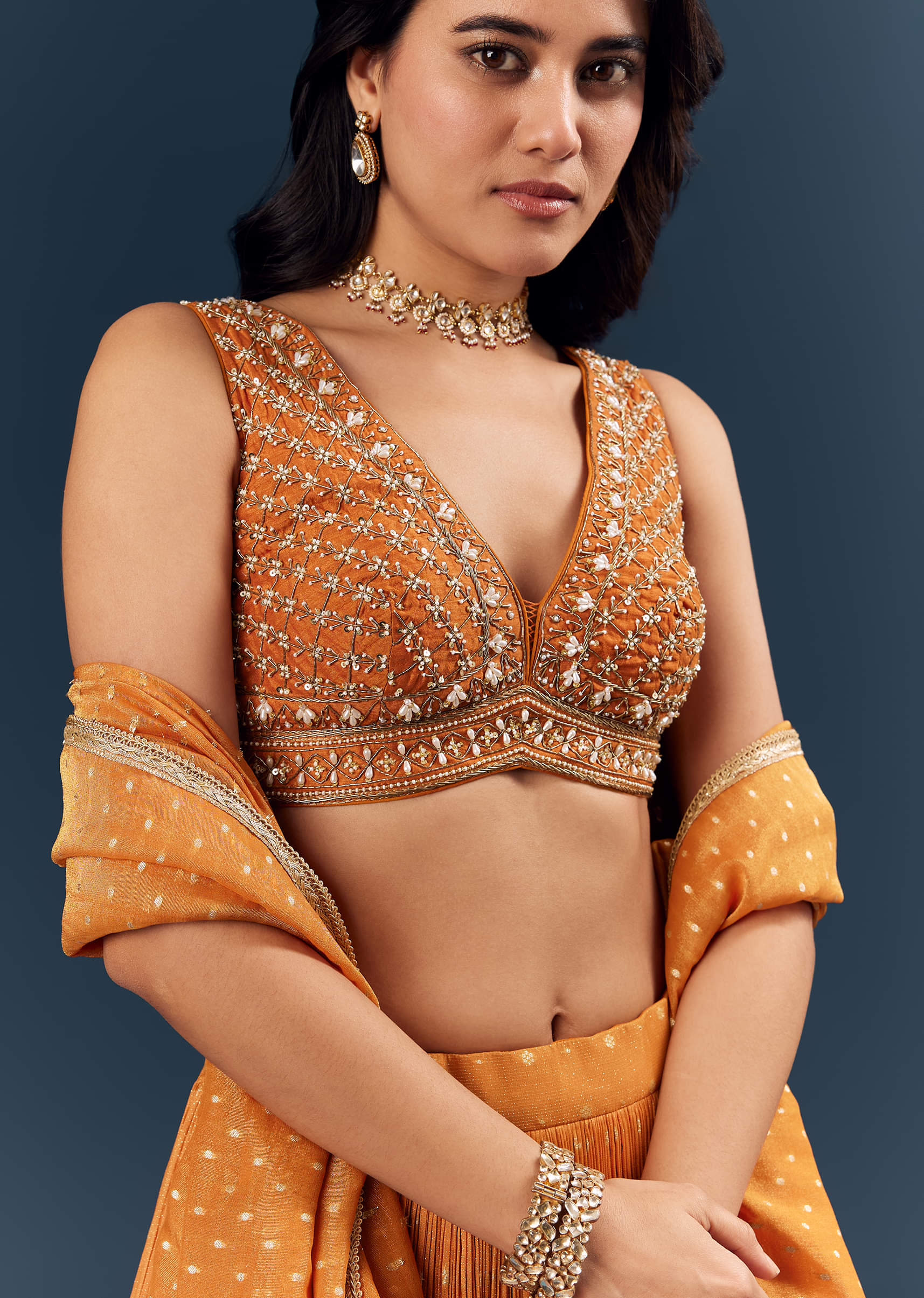Orange Banarasi Silk Bridesmaid Lehenga With Intricate Hand Embroidery - Image 3