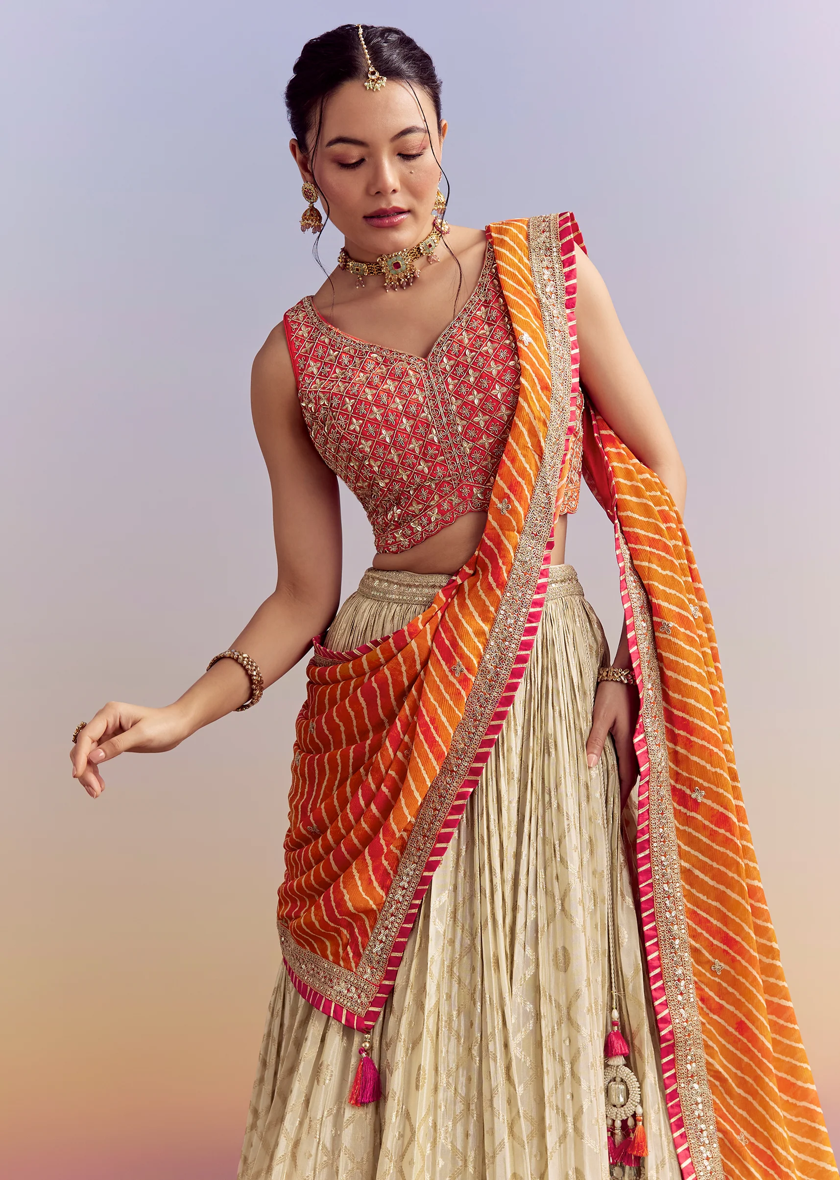 Orange Brocade Silk Bridesmaid Lehenga With Leheriya Dupatta - Image 5