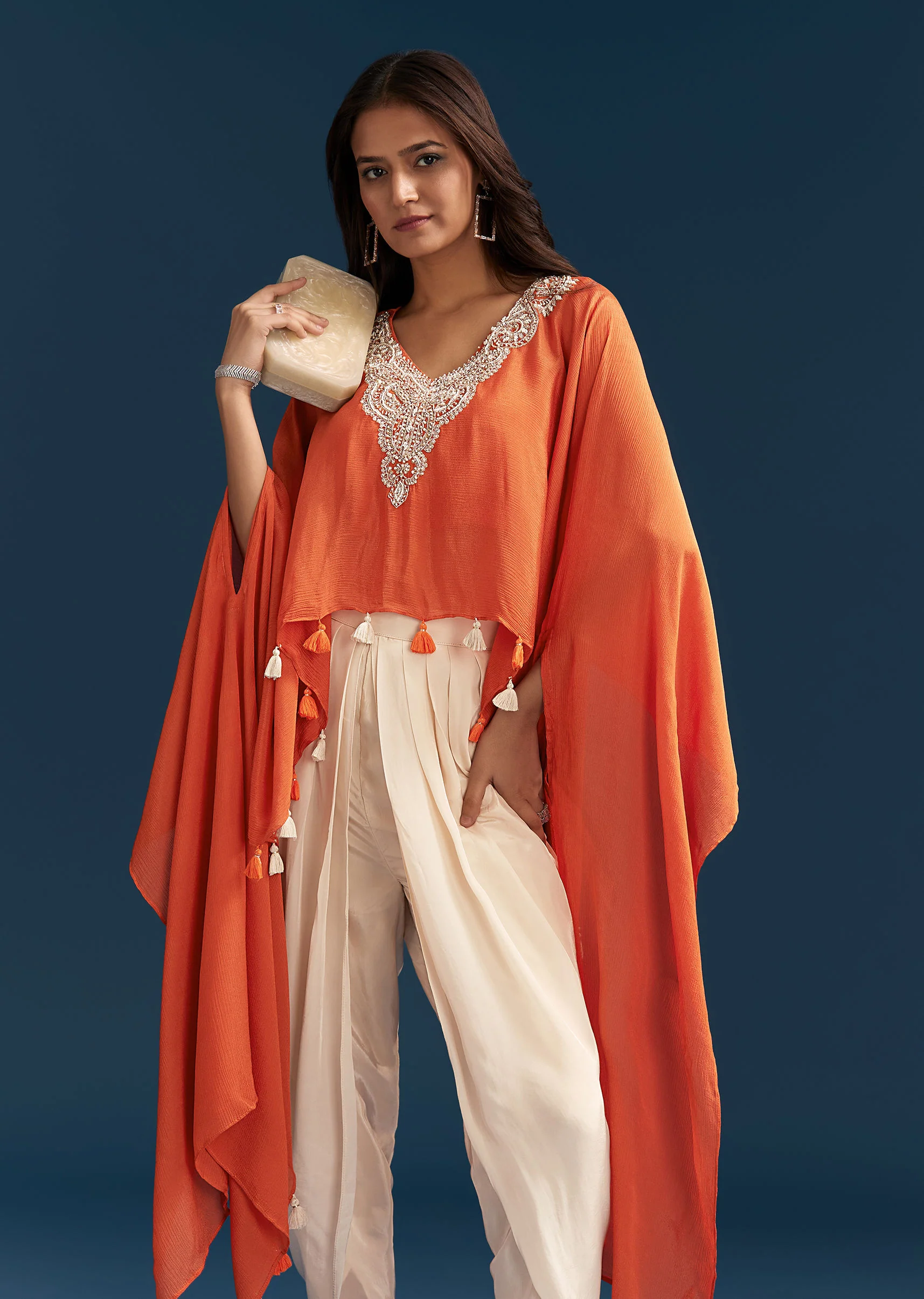 Orange Cape Crop Top Dhoti Set With Moti And Cut Dana Embroidery - Image 3