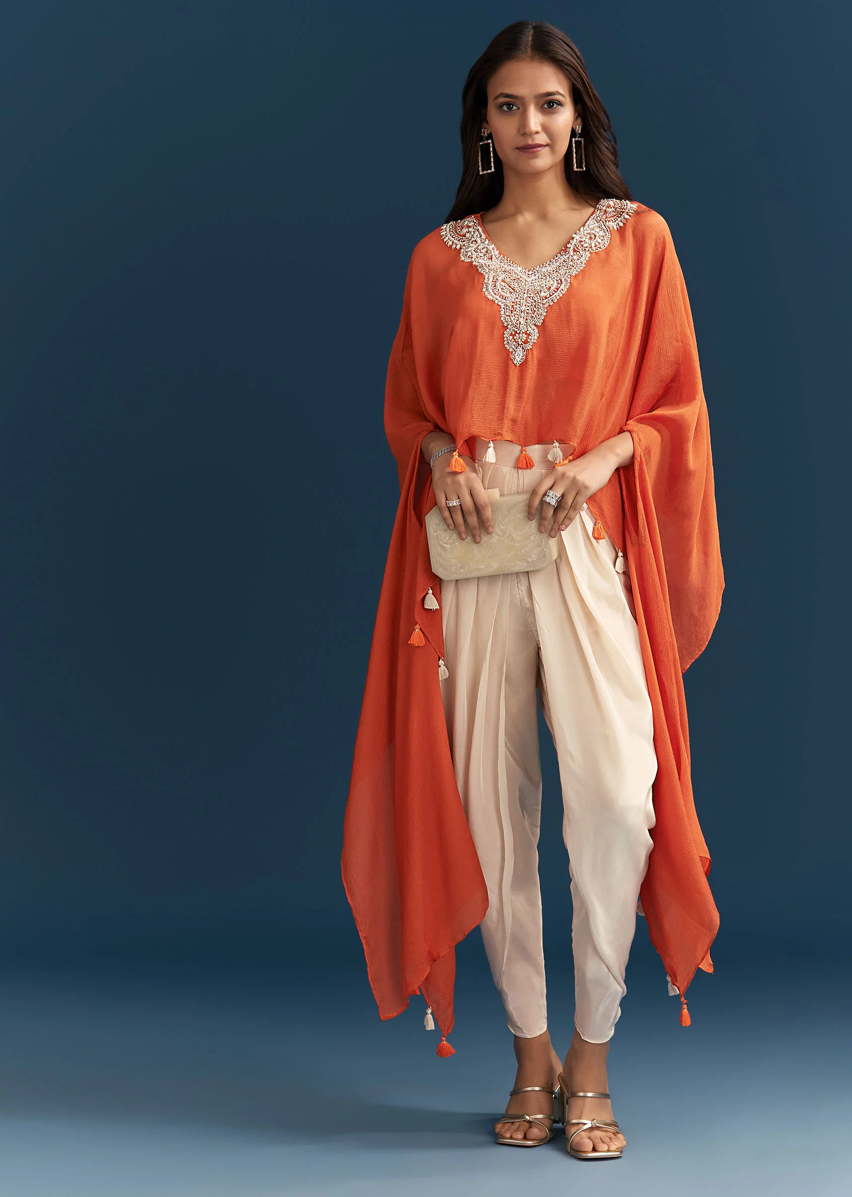 Orange Cape Crop Top Dhoti Set With Moti And Cut Dana Embroidery - Image 4