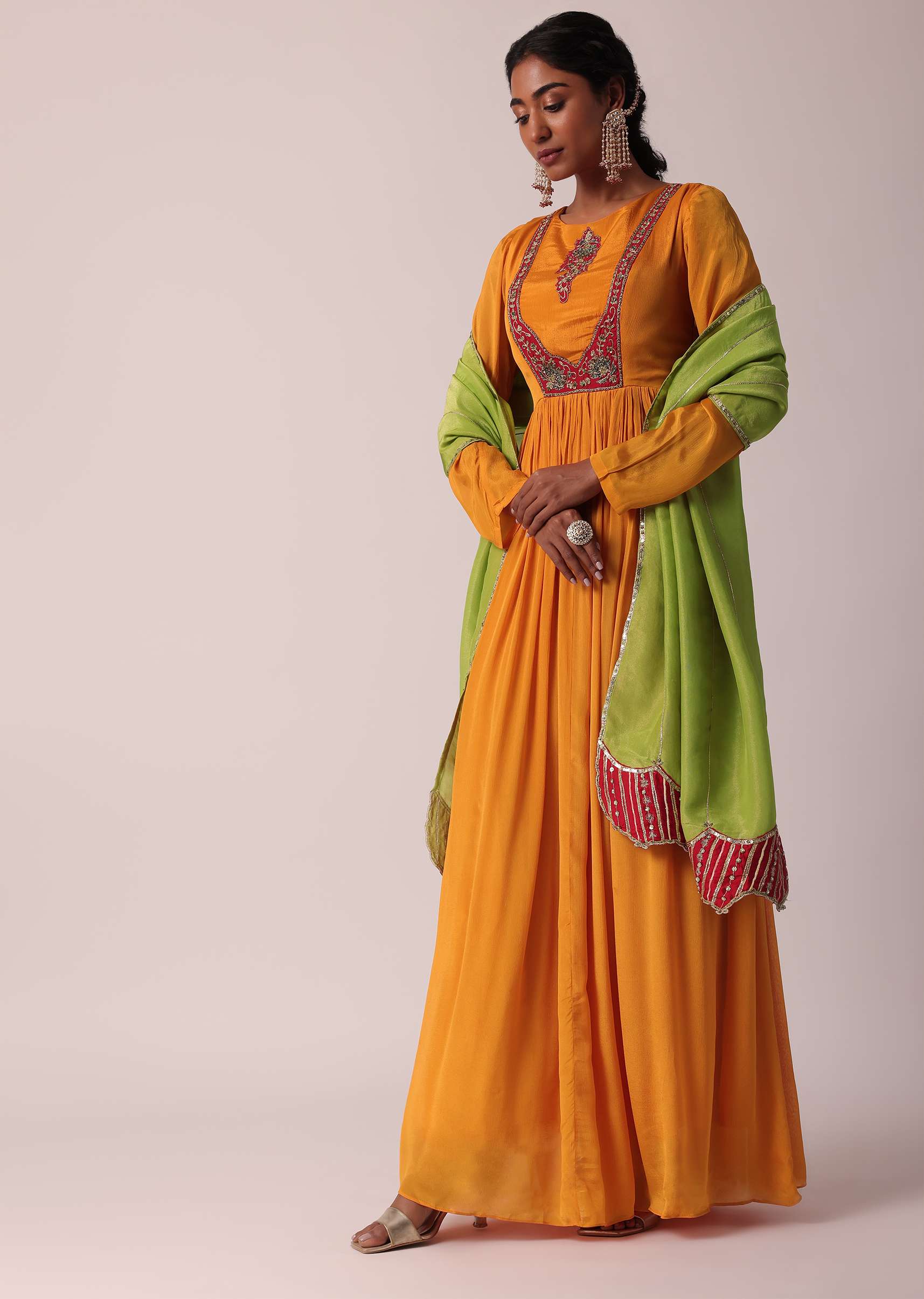 Orange Chiffon Anarkali With Dupatta - Image 3