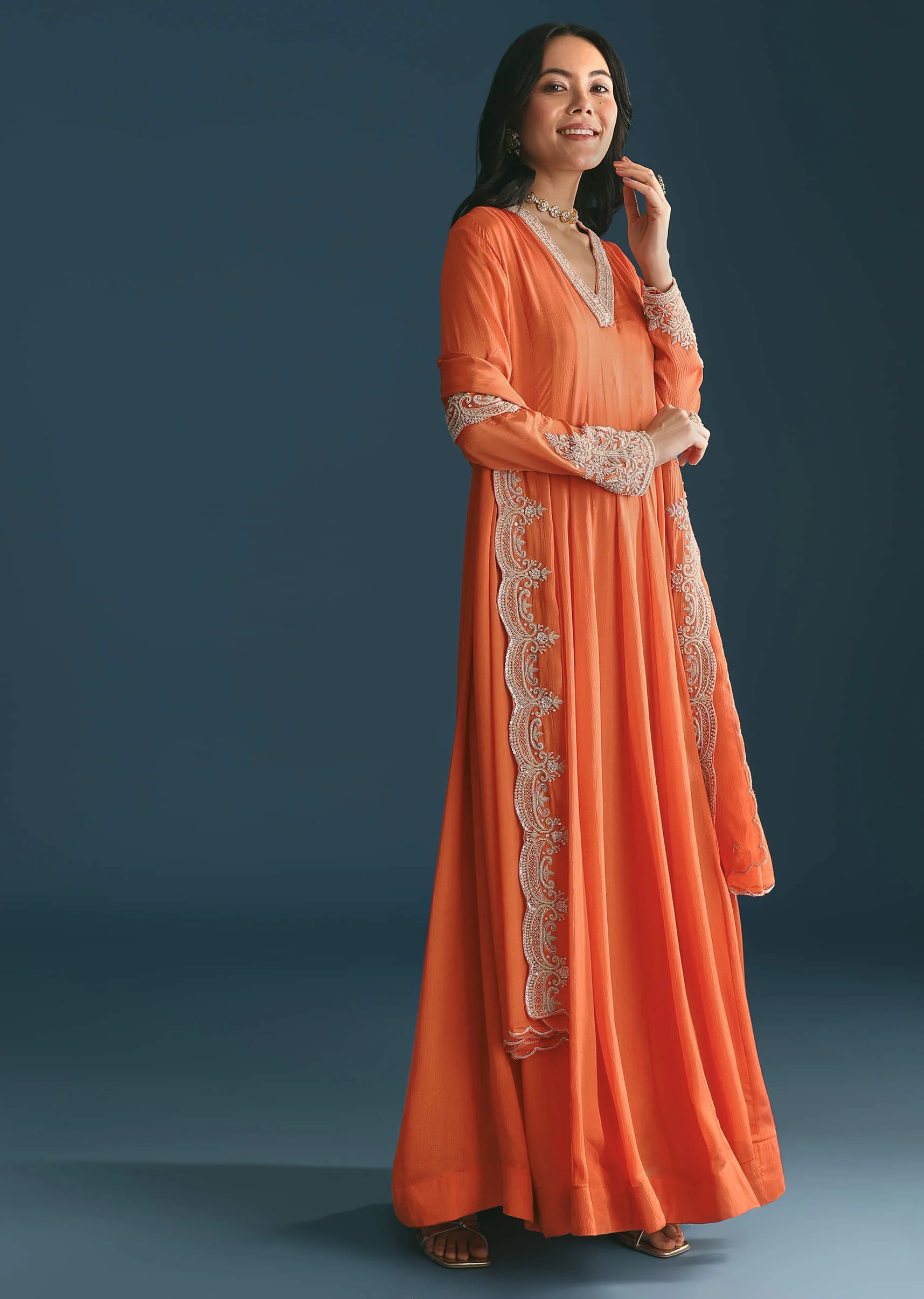 Orange Chinon Anarkali Suit With Embroidered Dupatta - Image 3
