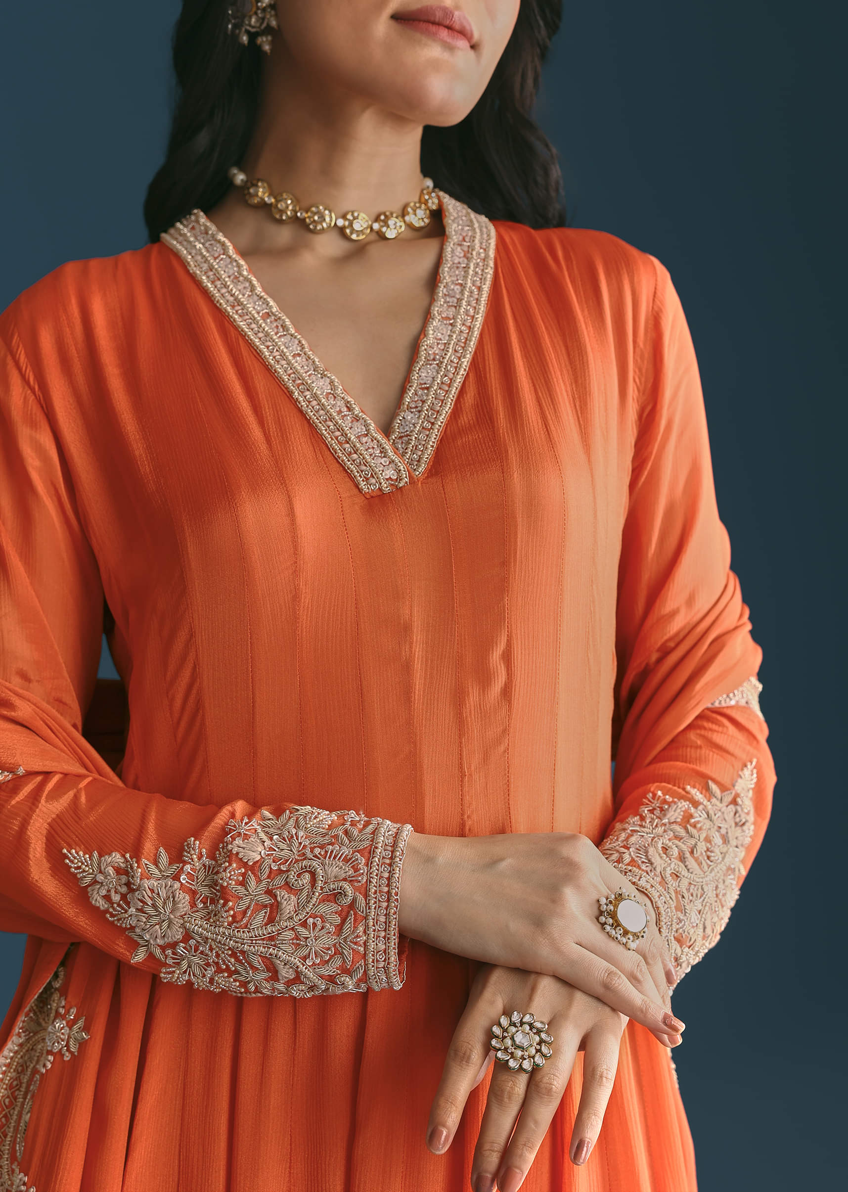 Orange Chinon Anarkali Suit With Embroidered Dupatta - Image 4