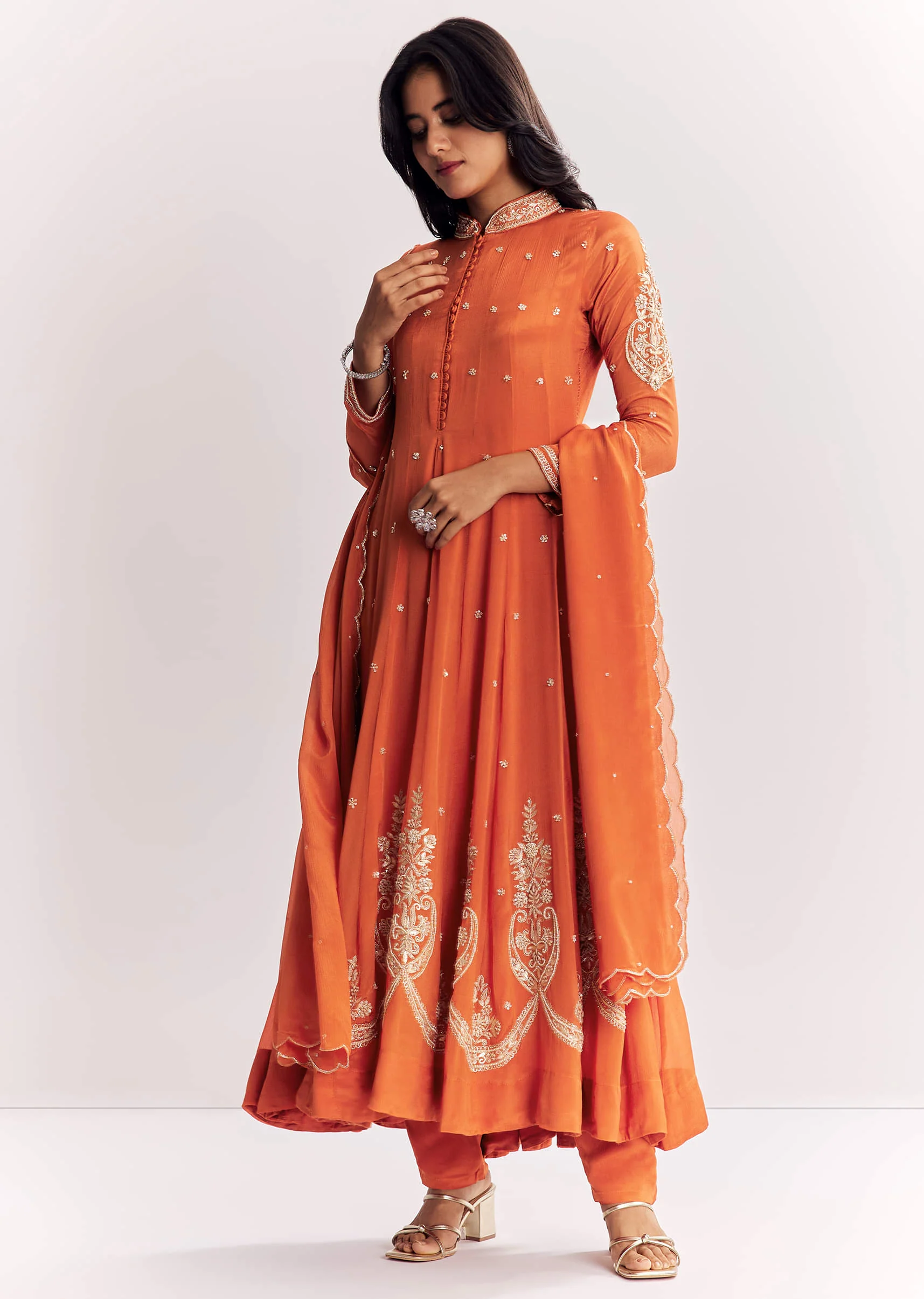 Orange Chinon Anarkali Suit With Moti Sequins And Cutdana Dupatta - Image 3