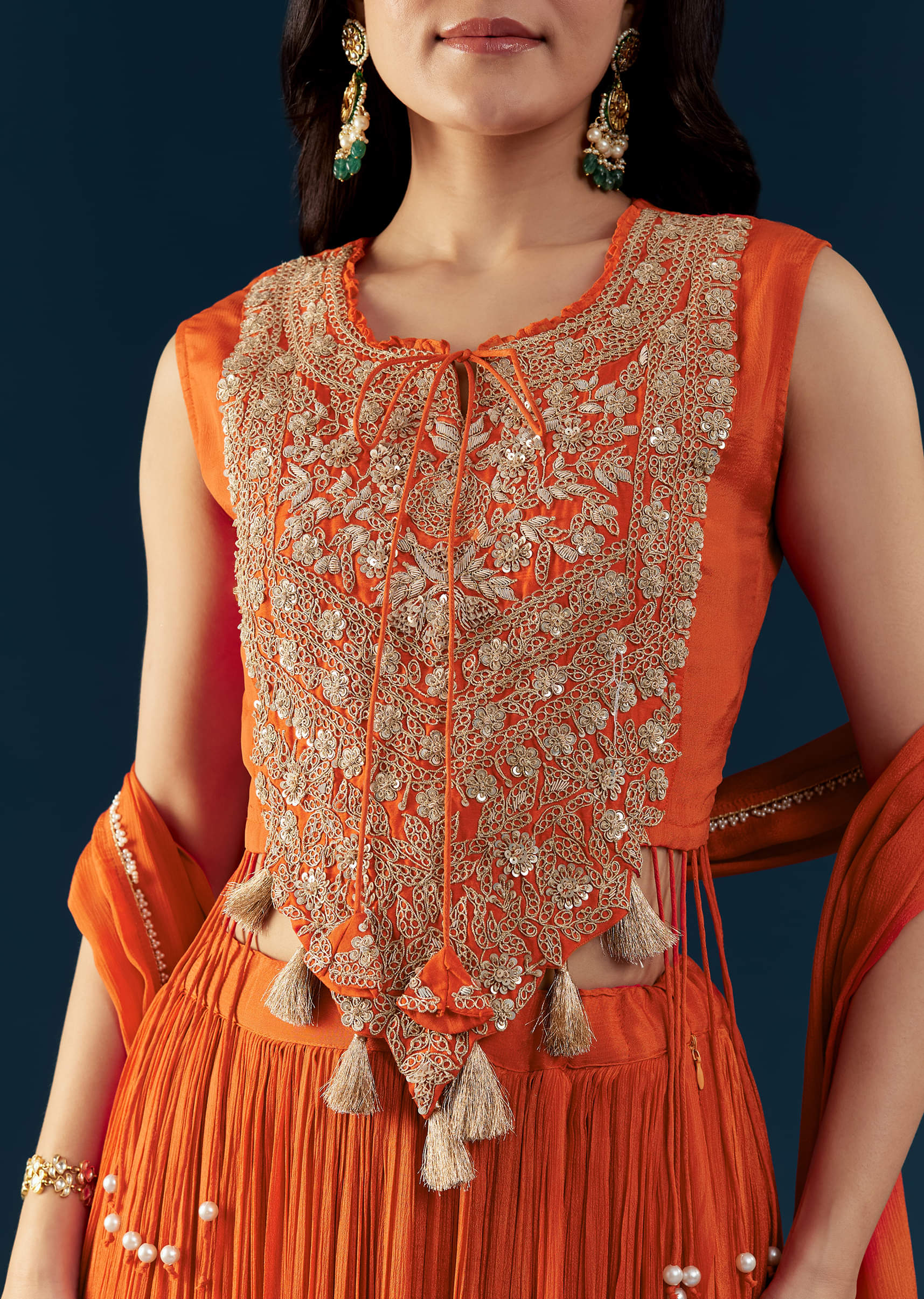 Orange Chinon Crop Top Skirt Set with Zardozi Work - Image 2