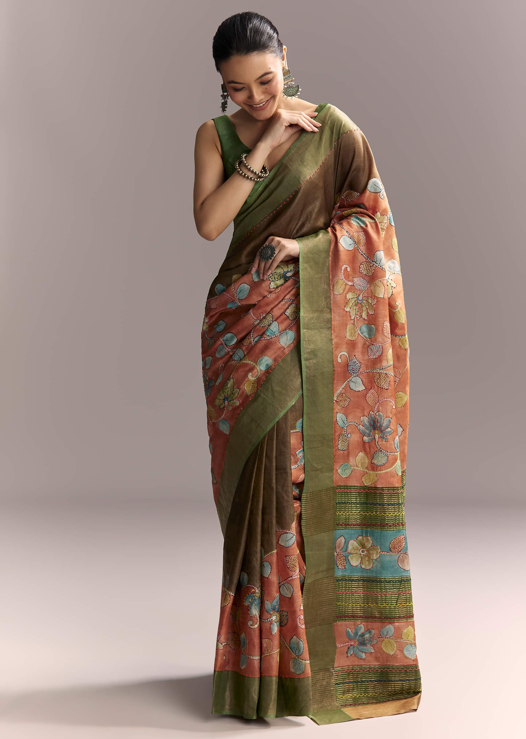 Orange Cotton Saree With Hand Painted Motifs And Green Border - Image 3