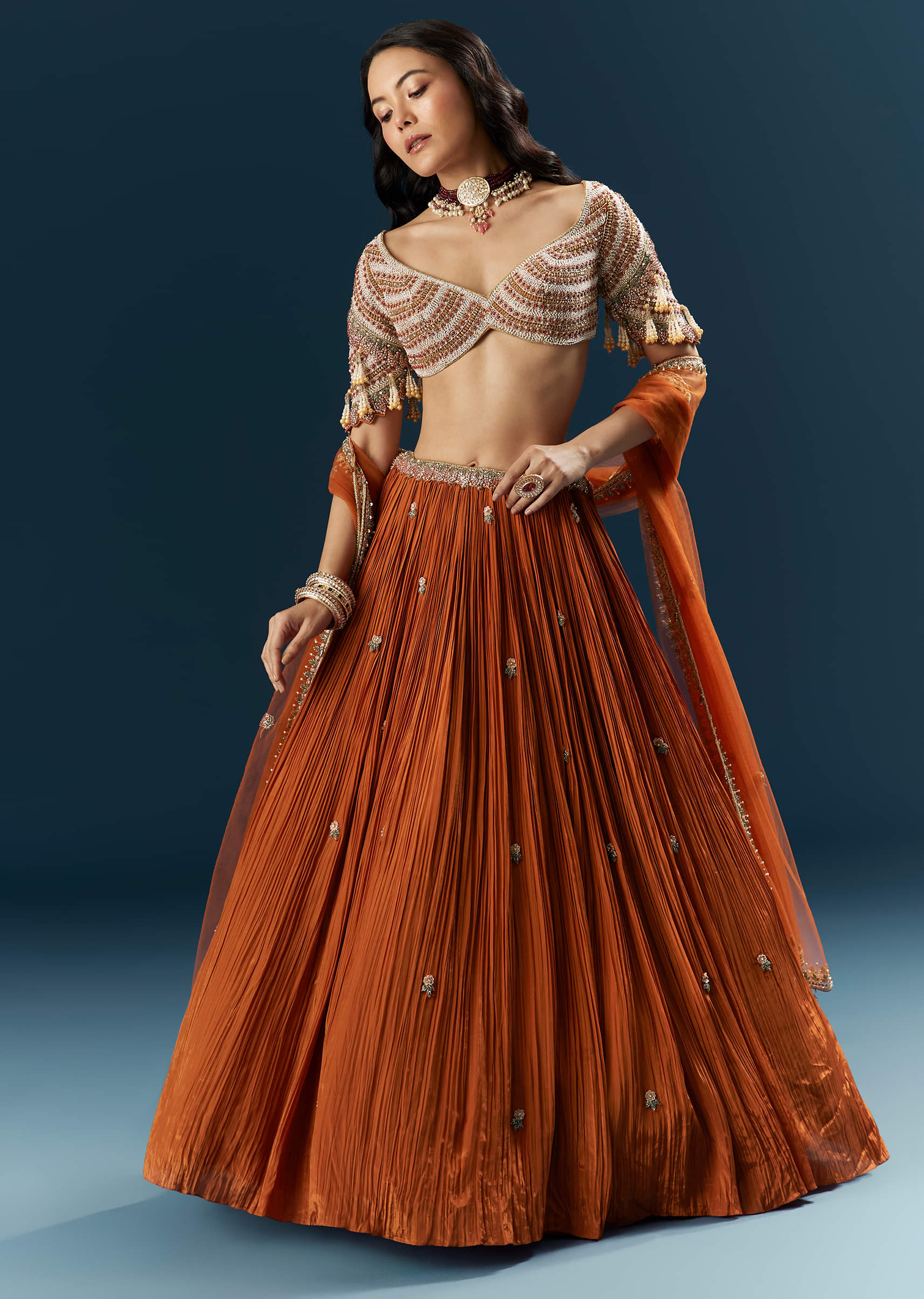Orange Crepe Bridesmaid Lehenga With Moti And Cutdana Embroidery - Image 4