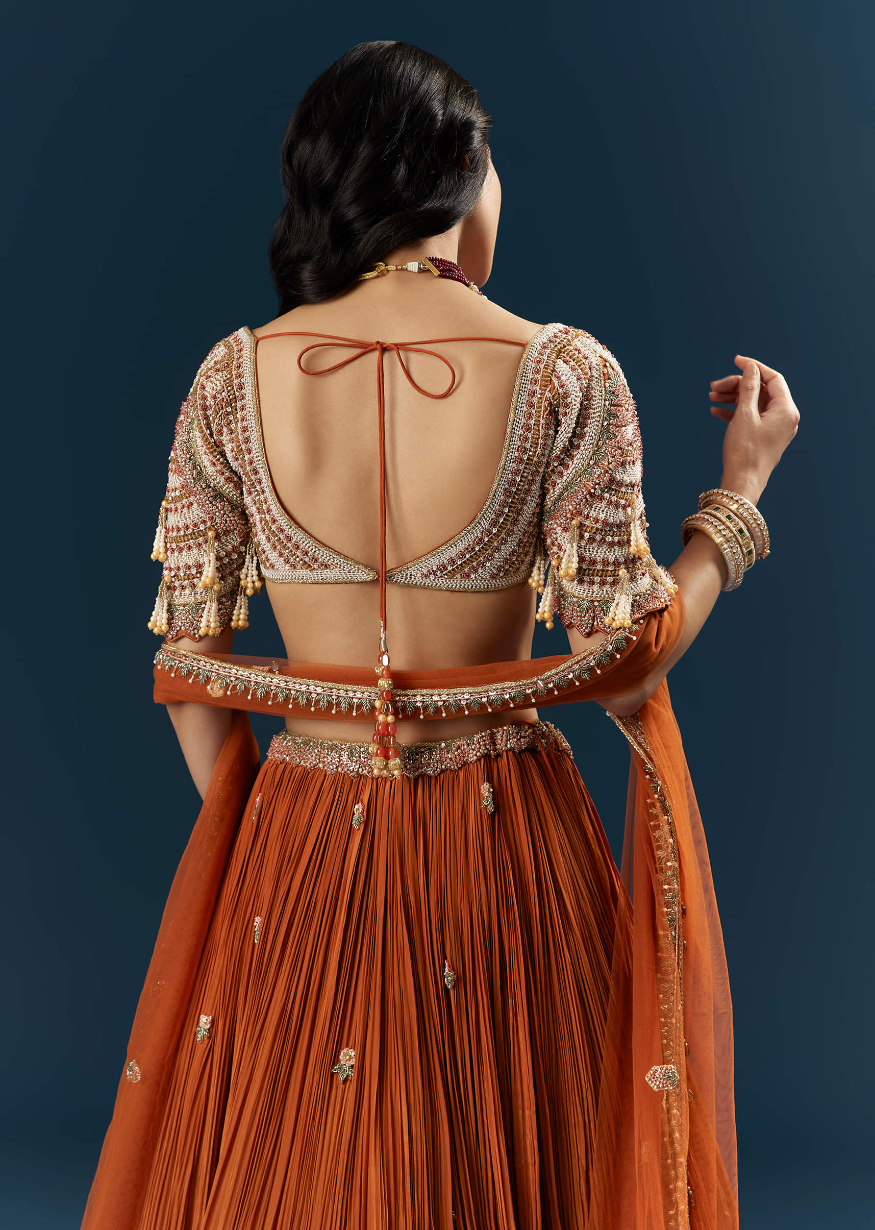 Orange Crepe Bridesmaid Lehenga With Moti And Cutdana Embroidery - Image 6