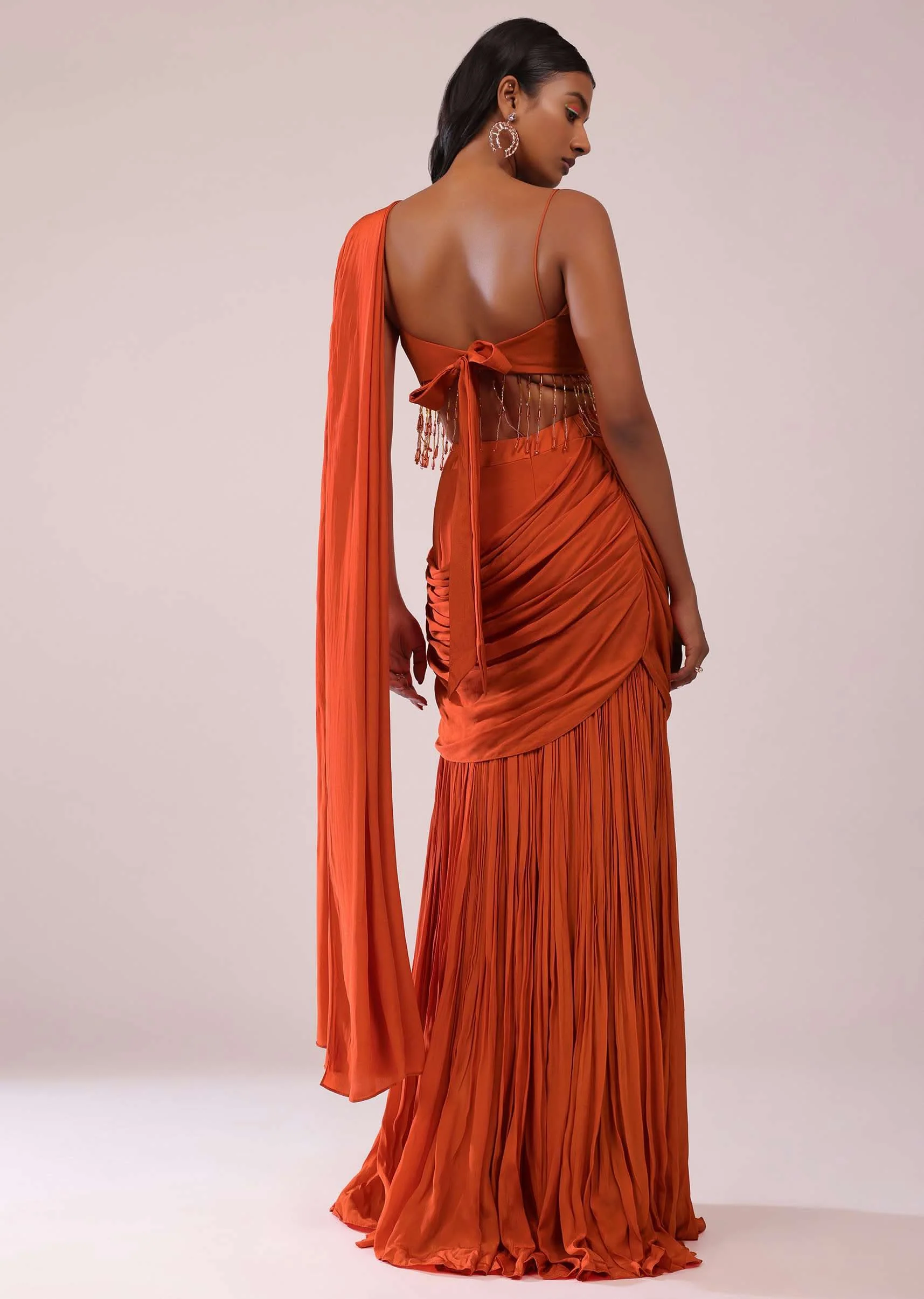 Orange Crepe Drape Saree And Blouse With Crystal Tassels All Over - Image 6