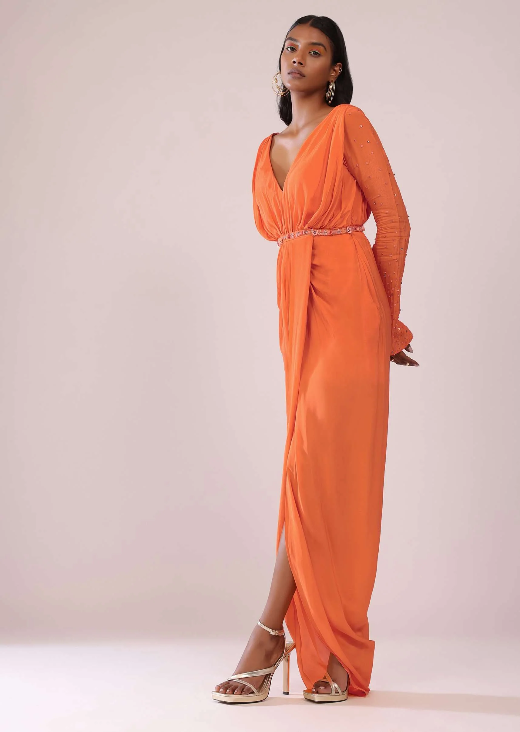 Orange Crepe Gown With Bell Sleeves And Hand Embroidered Belt - Image 3