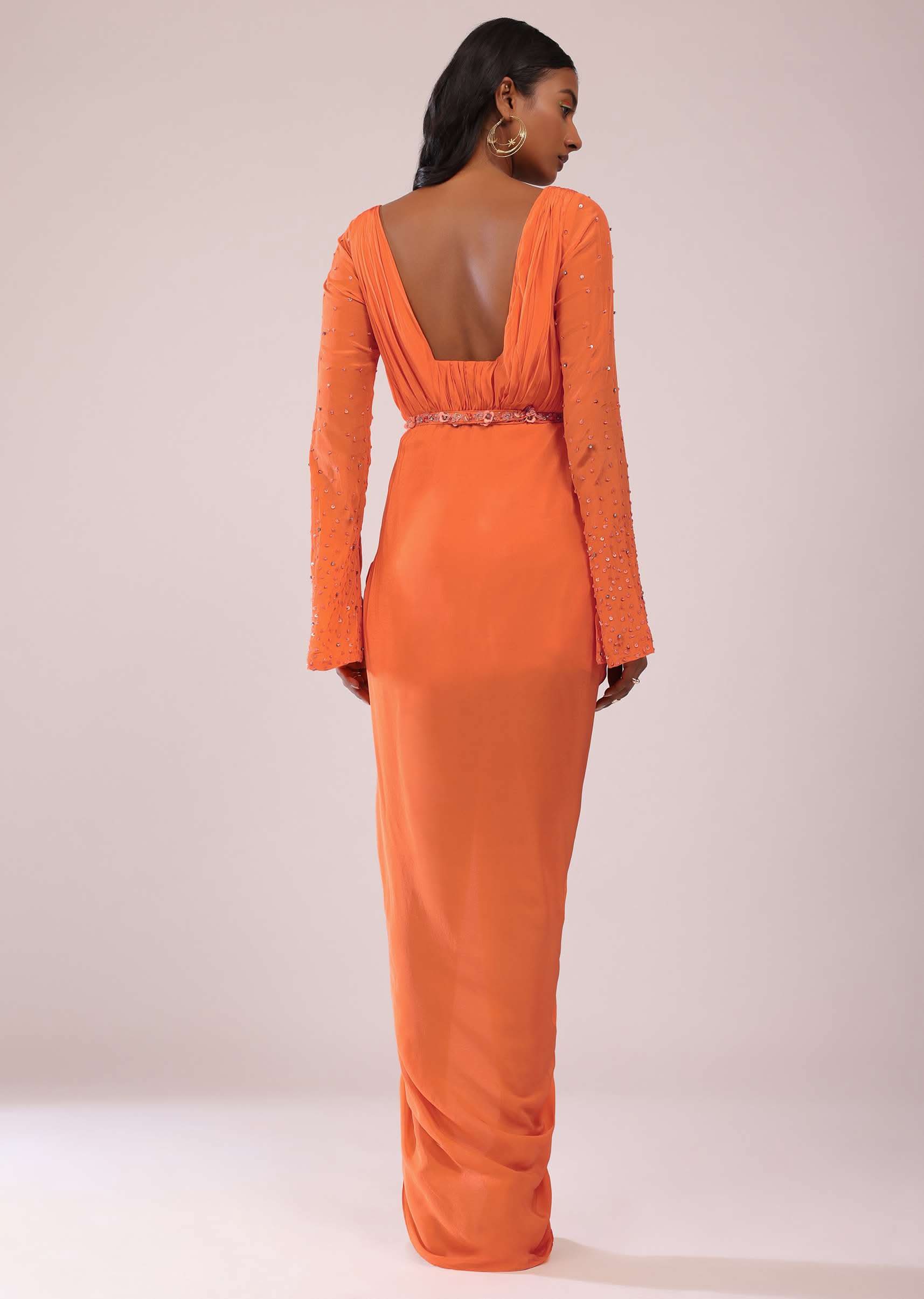 Orange Crepe Gown With Bell Sleeves And Hand Embroidered Belt - Image 5