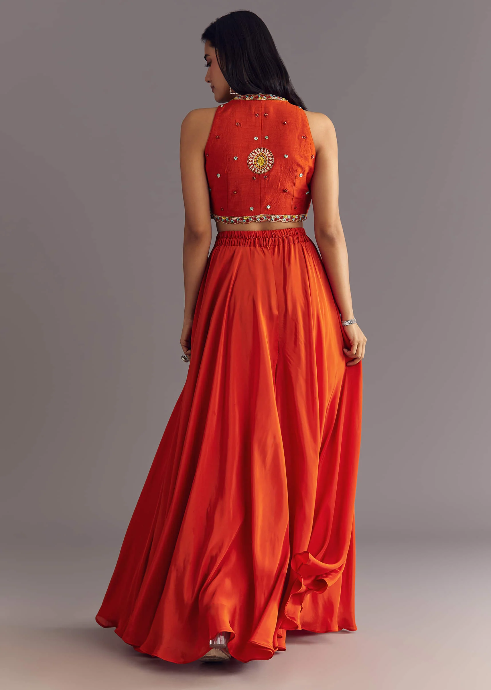 Orange Crepe Zardosi Thread Work Croptop And Palazzo Suit - Image 5