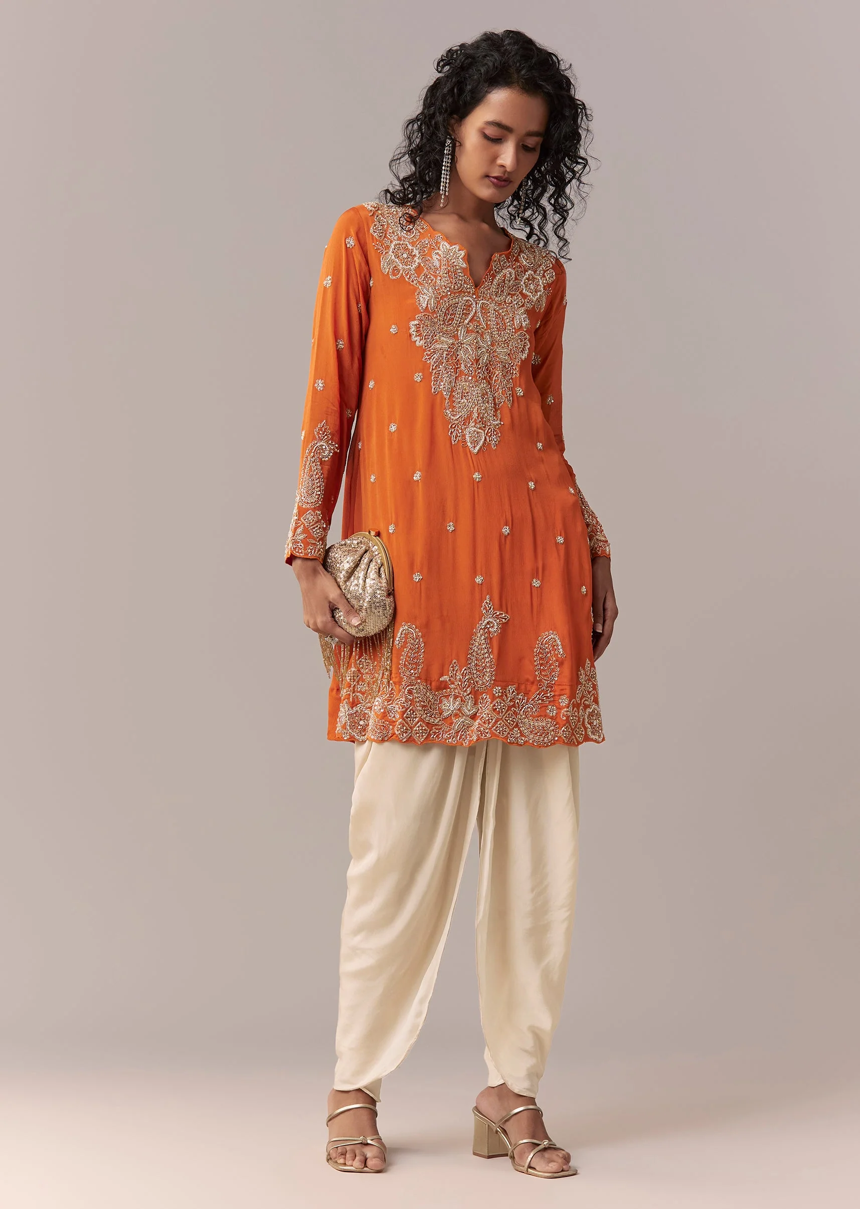 Orange Embellished Dhoti Suit Set