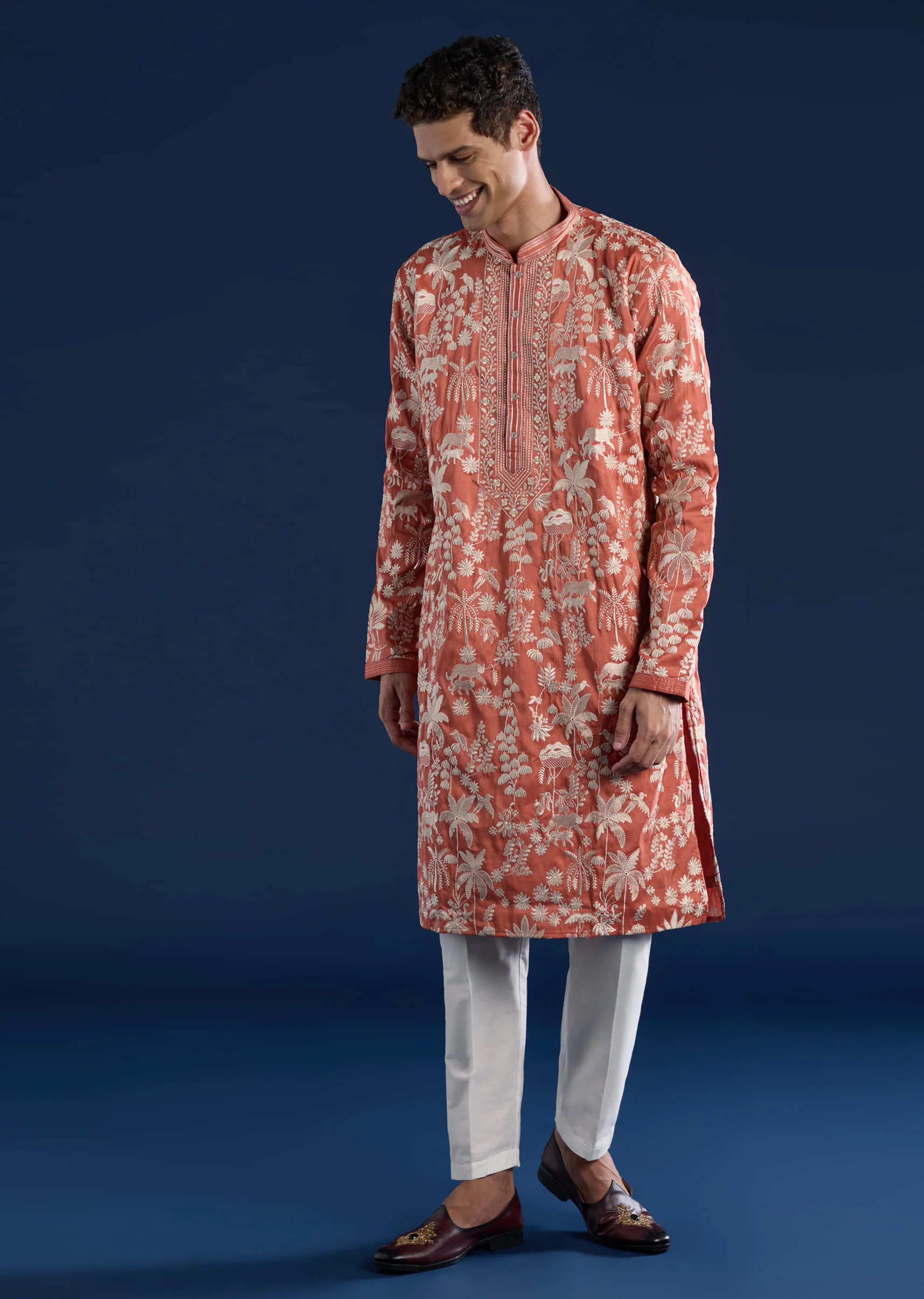 Orange Embellished Mens Kurta and Pant Set - Image 2