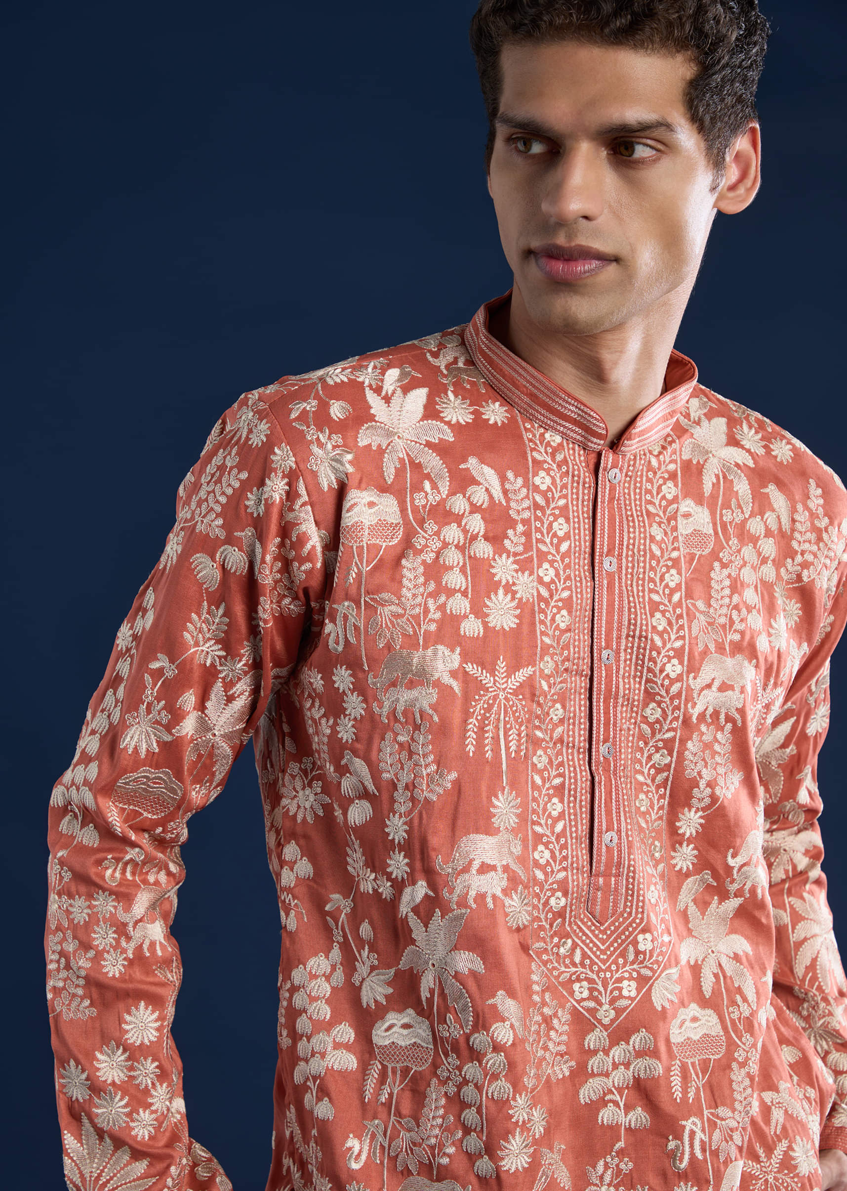Orange Embellished Mens Kurta and Pant Set - Image 3