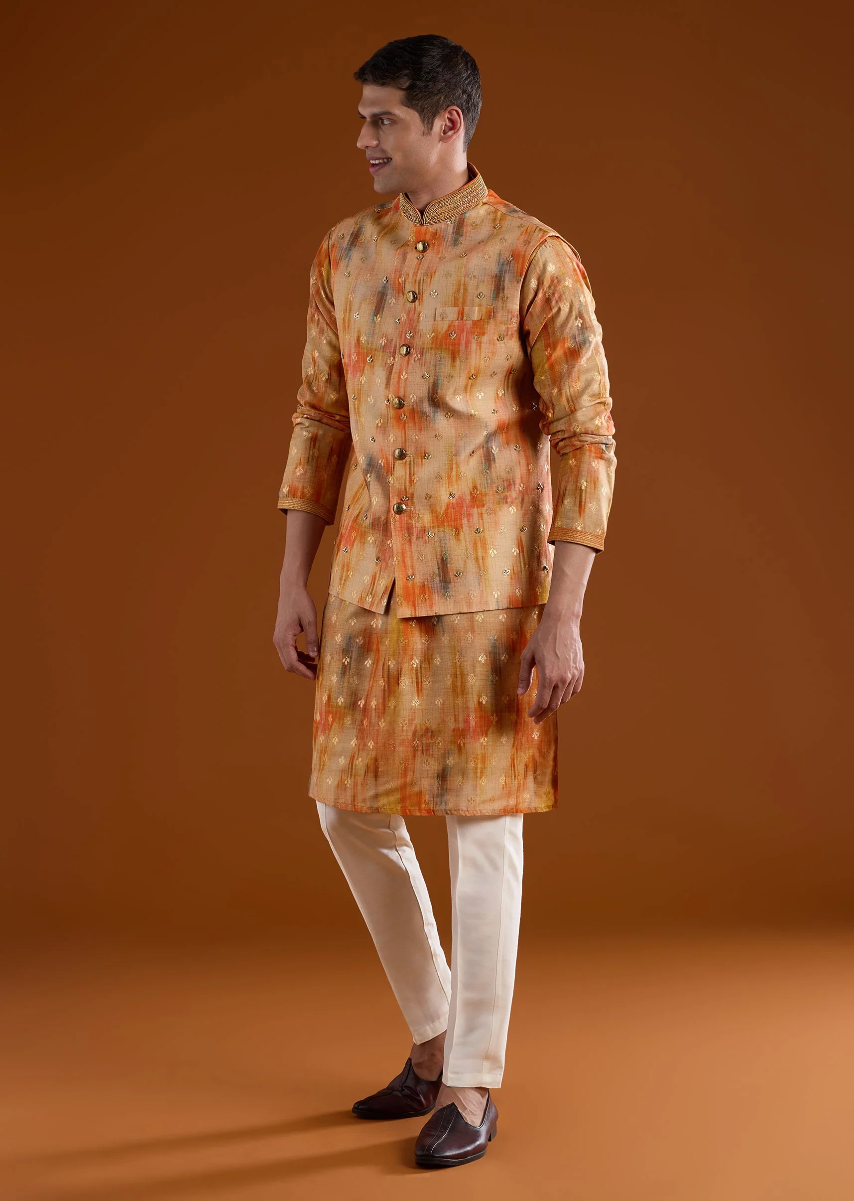 Orange Embellished Silk Kurta Jacket Set