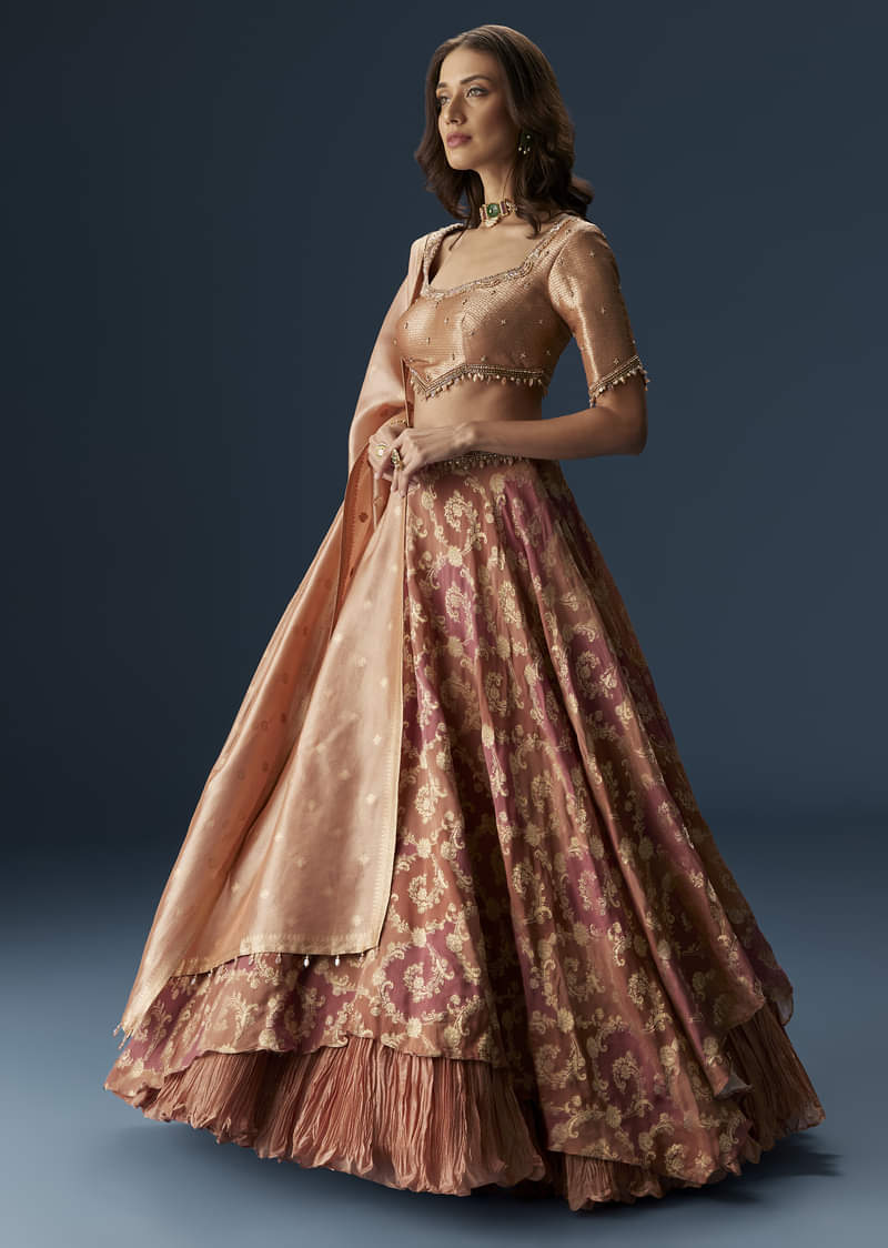 Orange Embroidered Blouse With Ruching Lehenga And Tassel Dupatta - Image 4