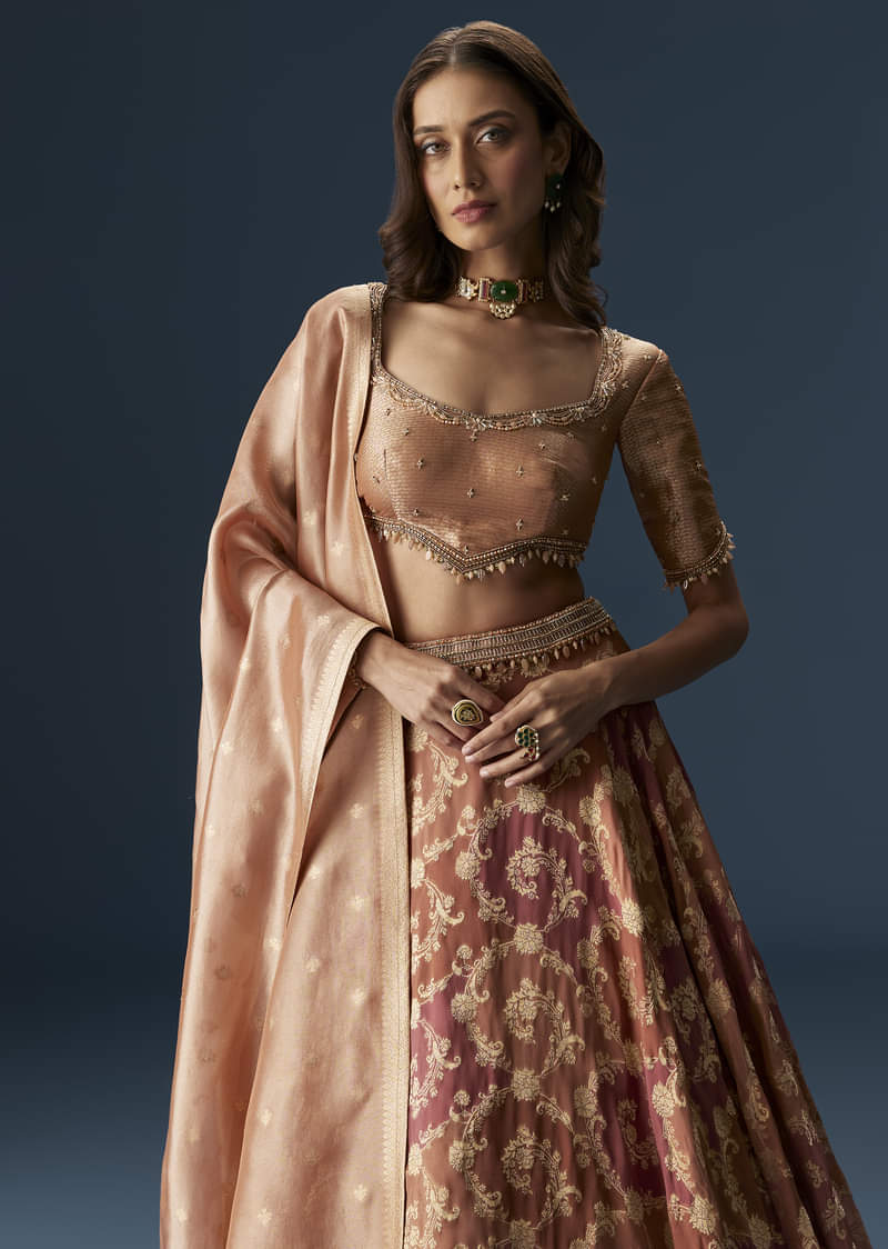 Orange Embroidered Blouse With Ruching Lehenga And Tassel Dupatta - Image 5