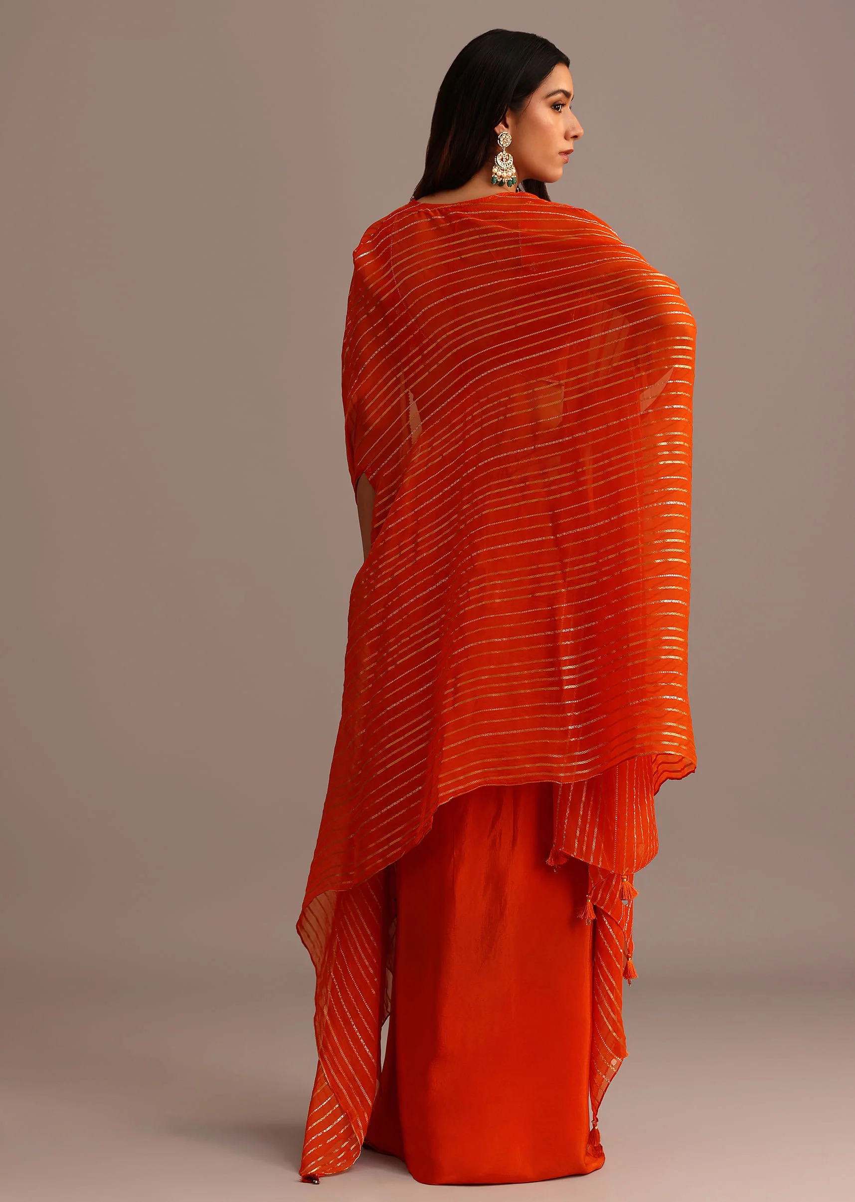 Orange Embroidered Croptop With Pleated Skirt And Chanderi Jacket - Image 5