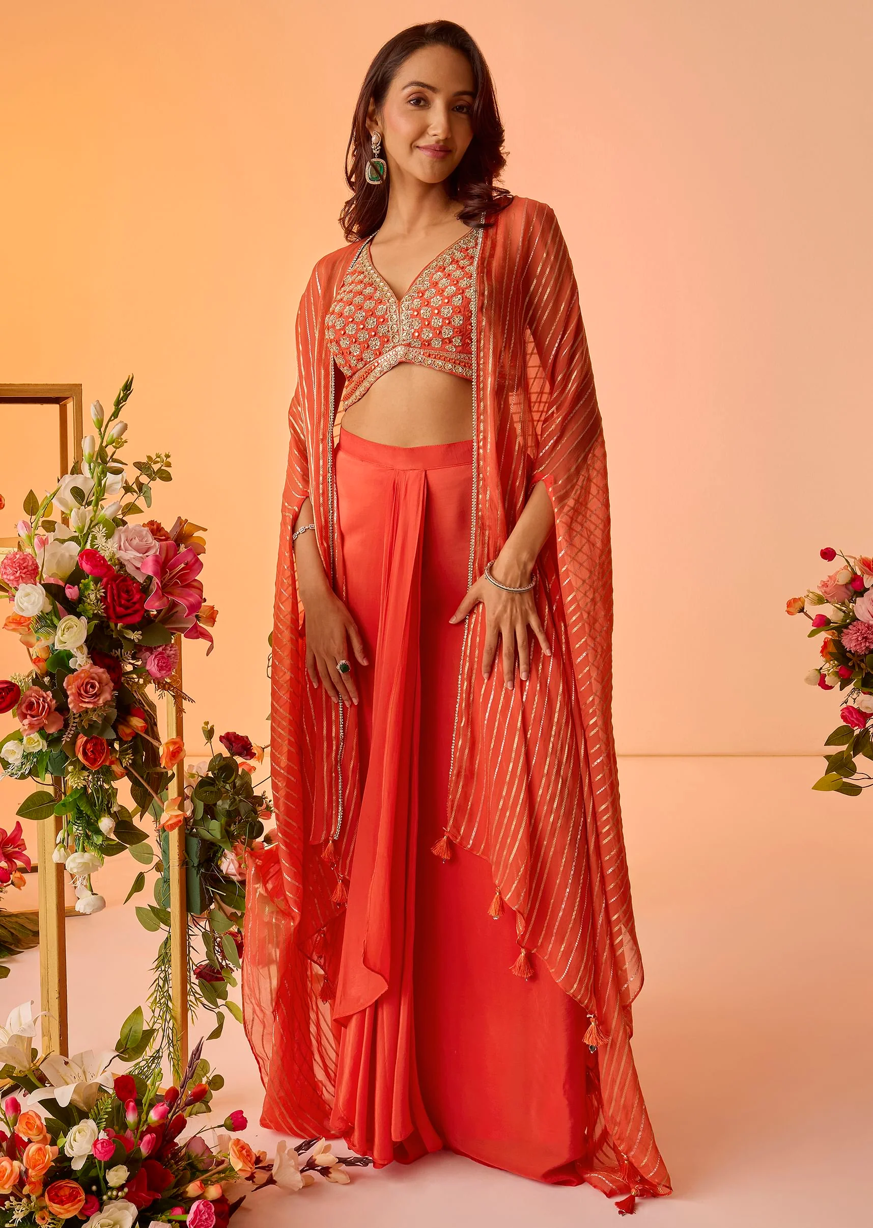 Orange Embroidered Croptop With Pleated Skirt And Chanderi Jacket - Image 7