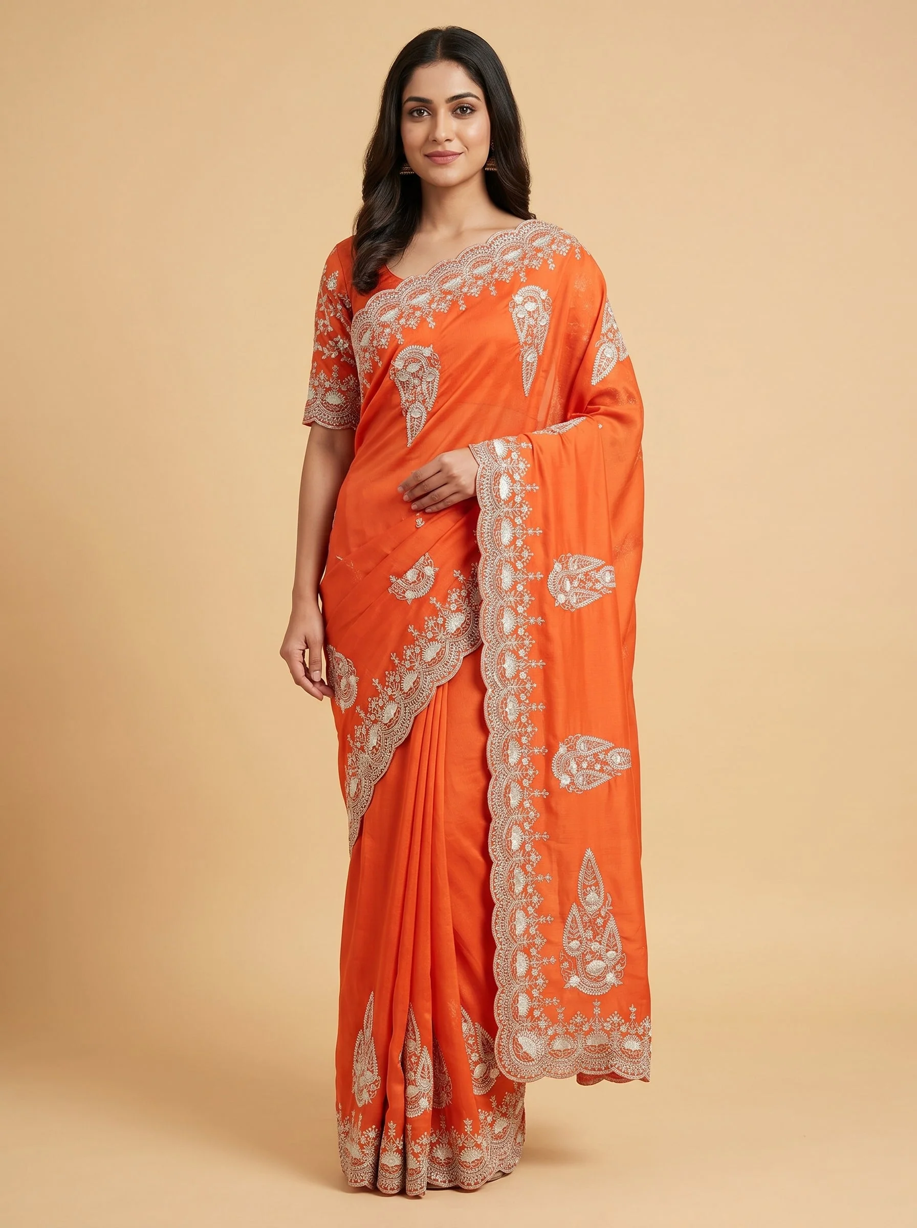 Orange embroidered saree with zari work