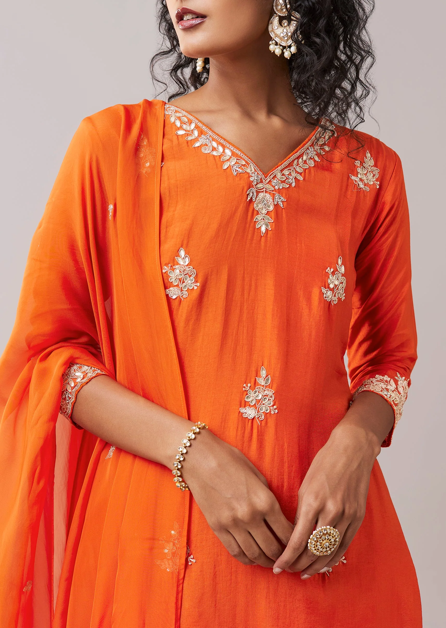 Orange Embroidered Silk Kurta Set with Gota Work - Image 2
