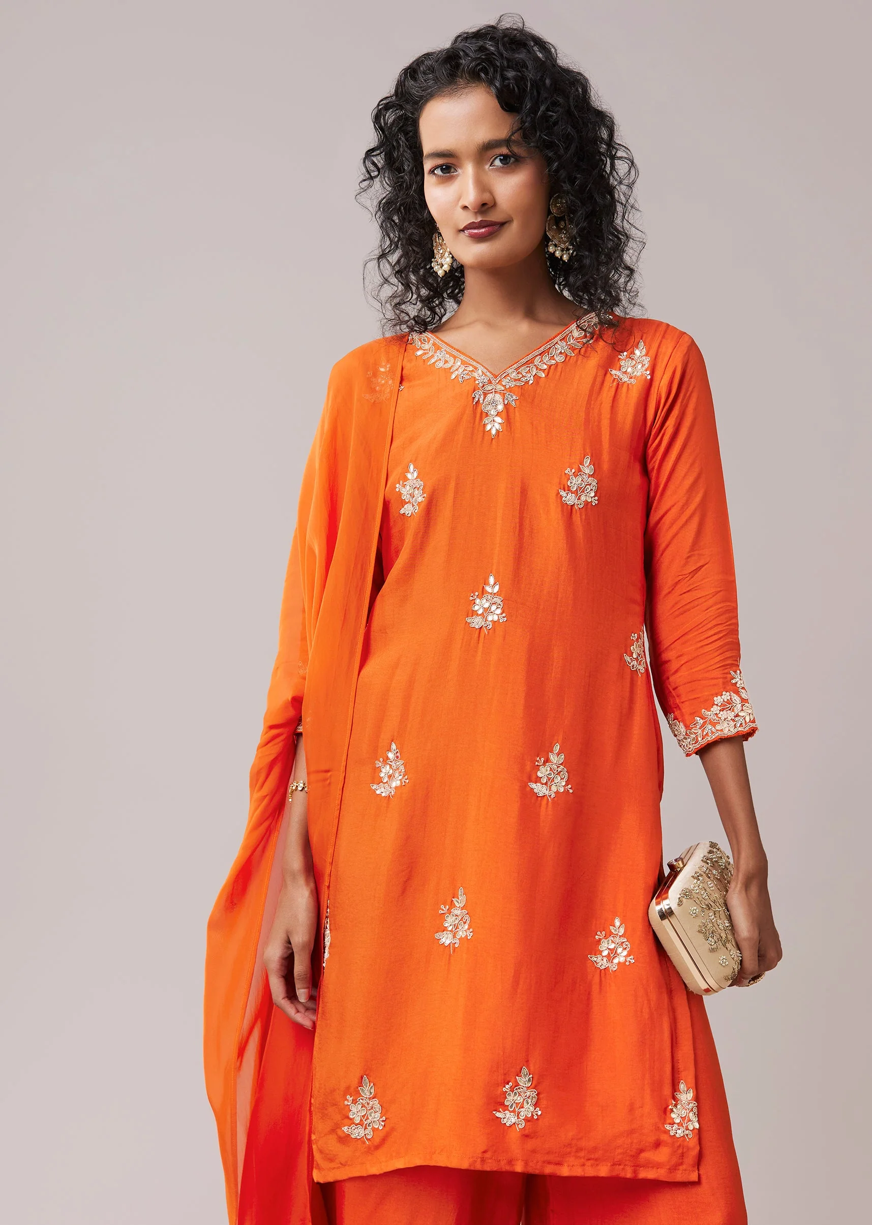 Orange Embroidered Silk Kurta Set with Gota Work - Image 4