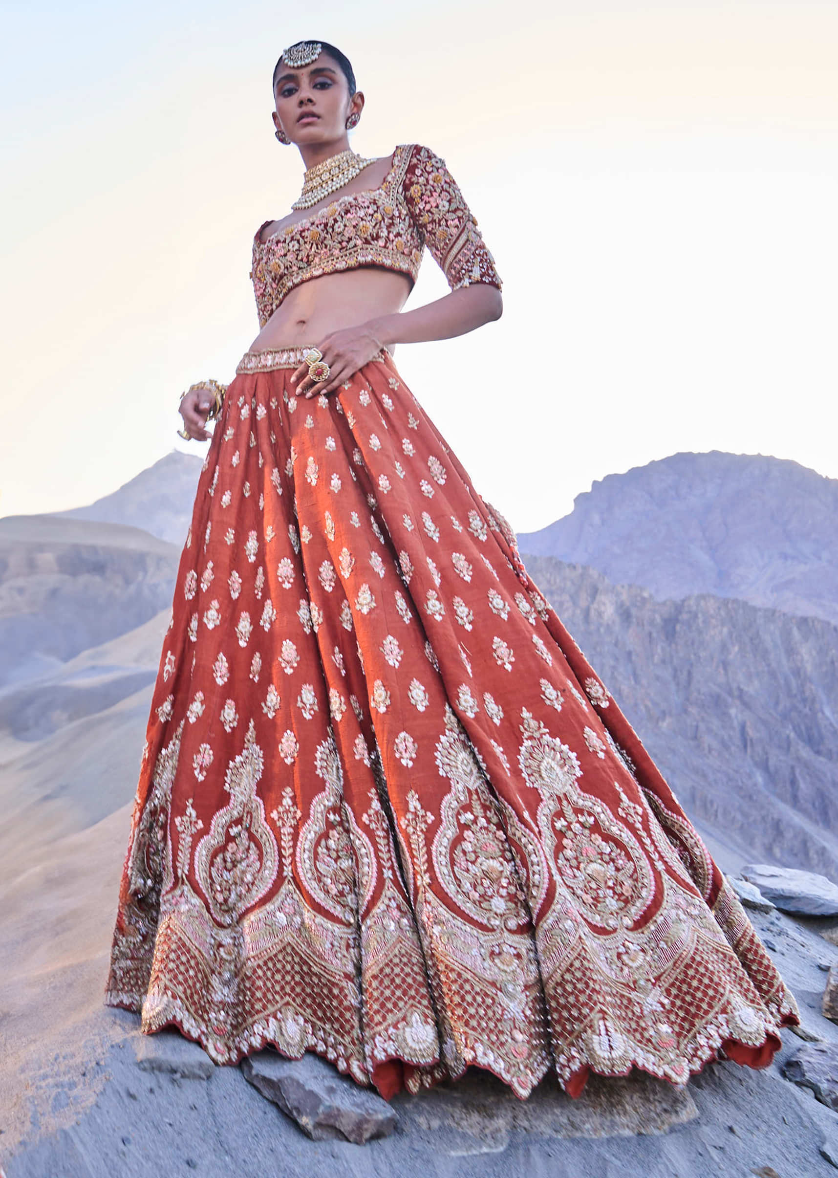 Orange Embroidered Silk Lehenga With Two Dupattas - Image 4