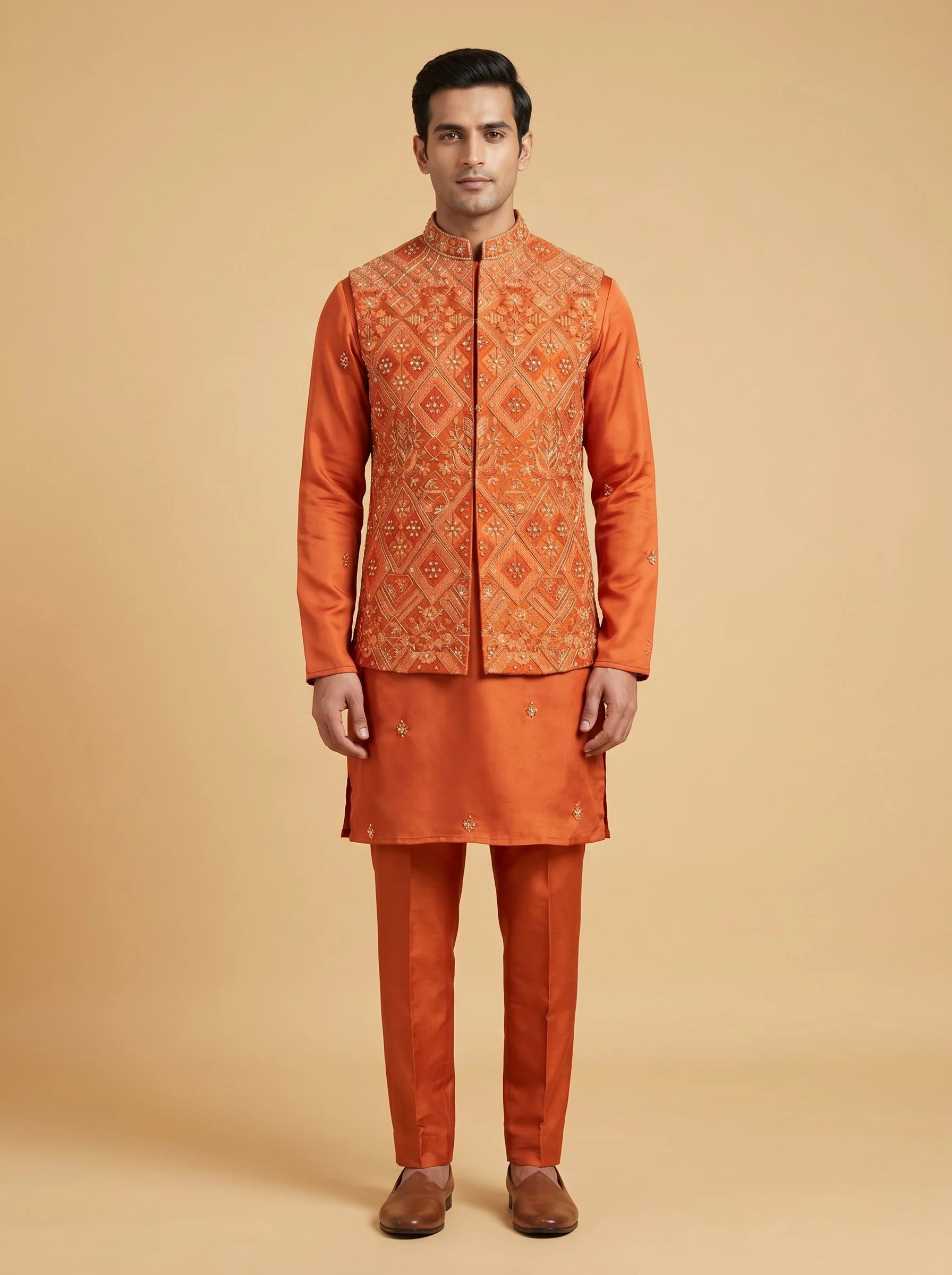 Orange Festive Jacket Kurta Set