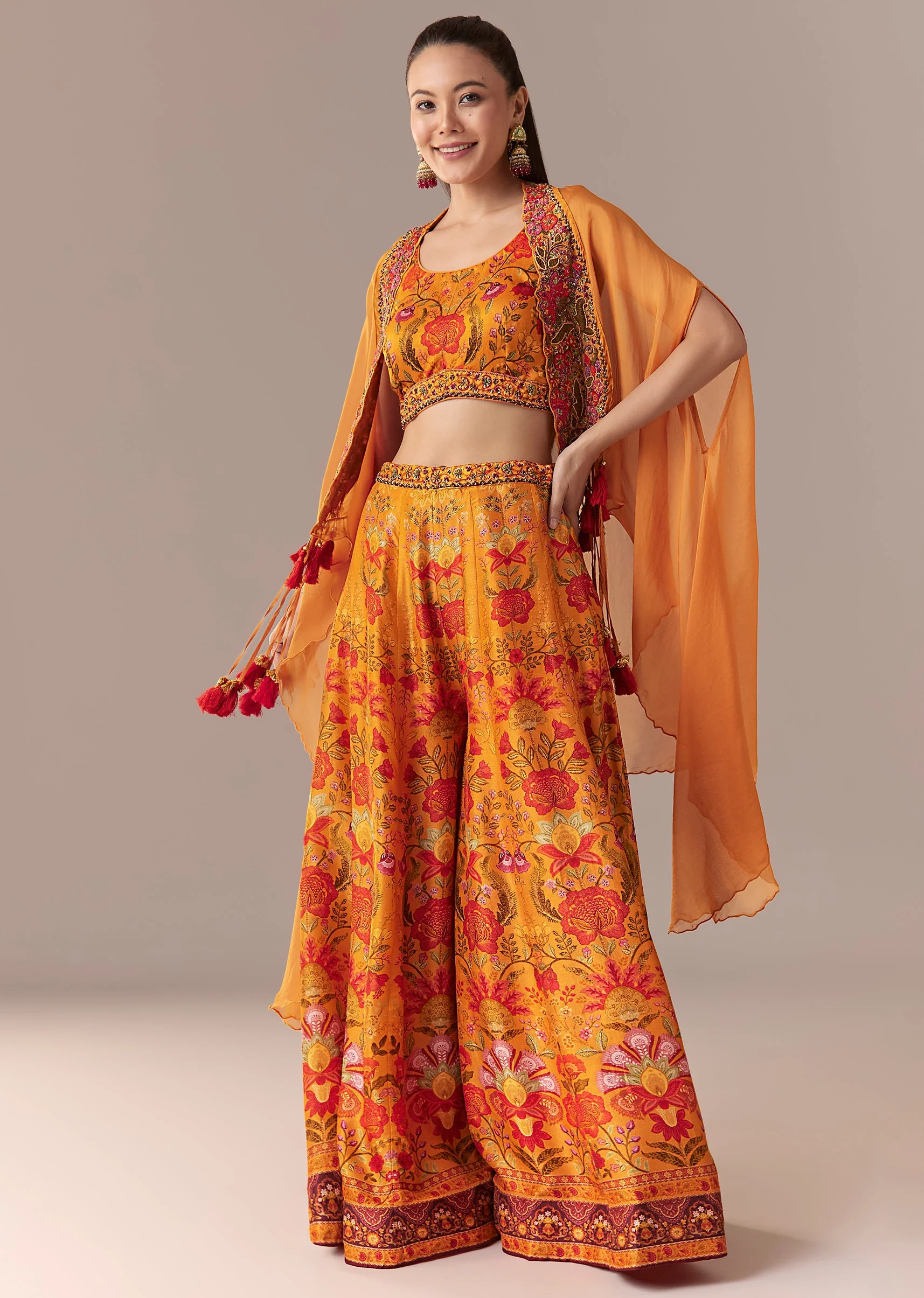 Orange Floral Cape Crop Top Set With Palazzo - Image 3