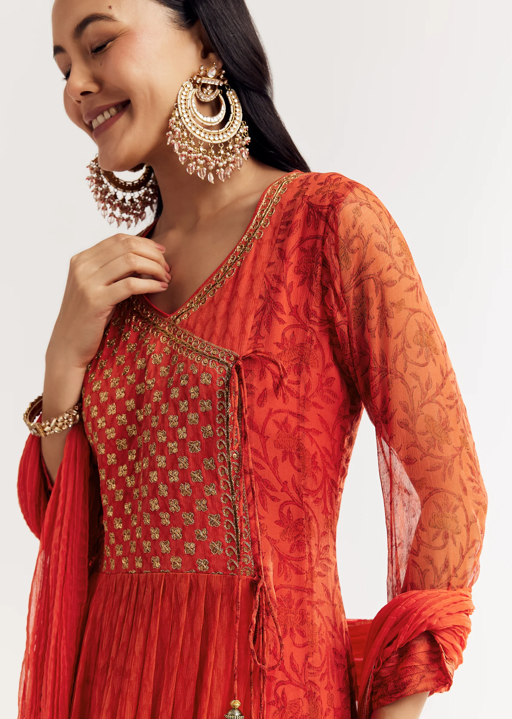 Orange Floral Chiffon Anarkali Kurta Set With Dupatta - Image 2