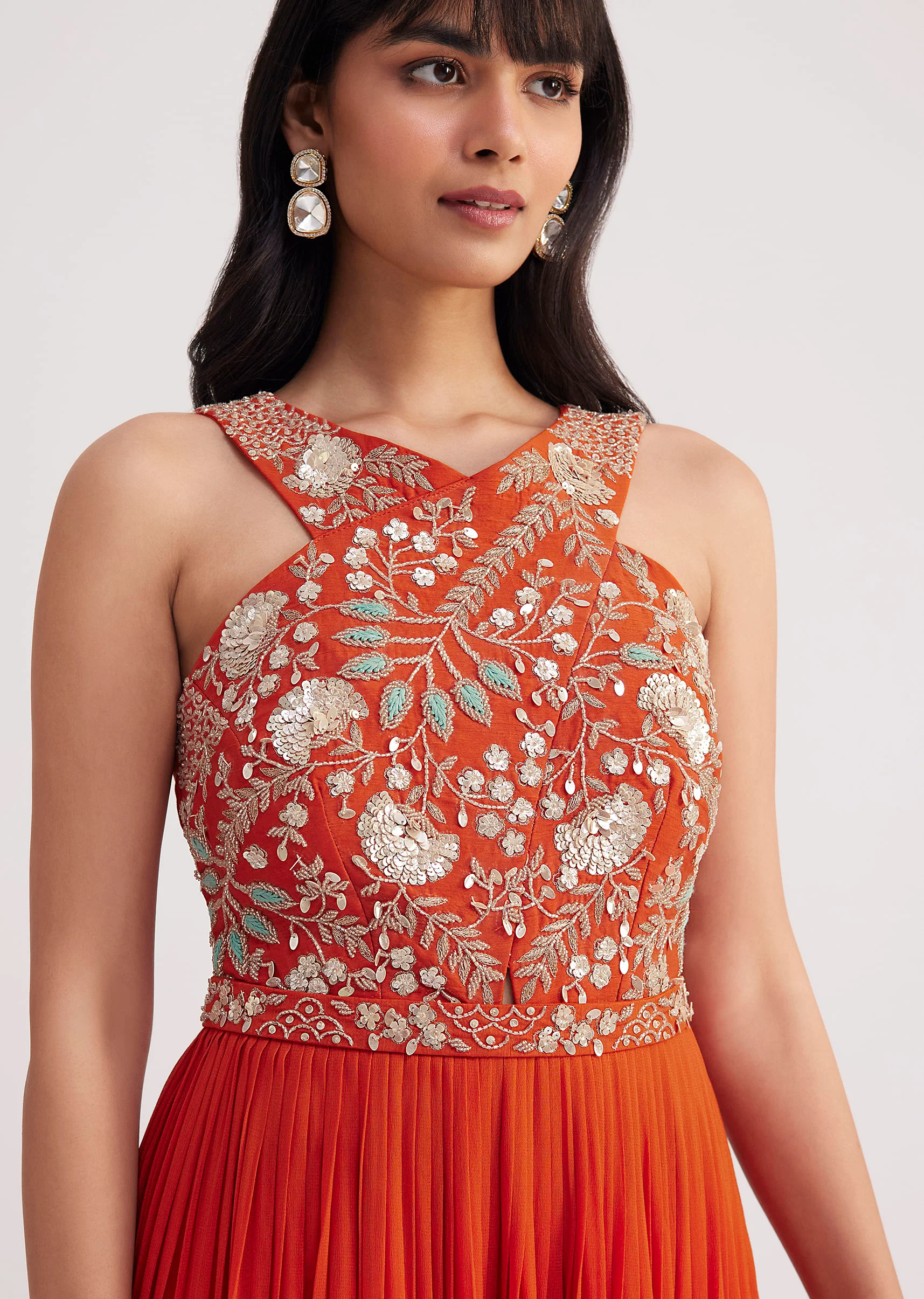 Orange Georgette Embroidered Jumpsuit With Belt - Image 2
