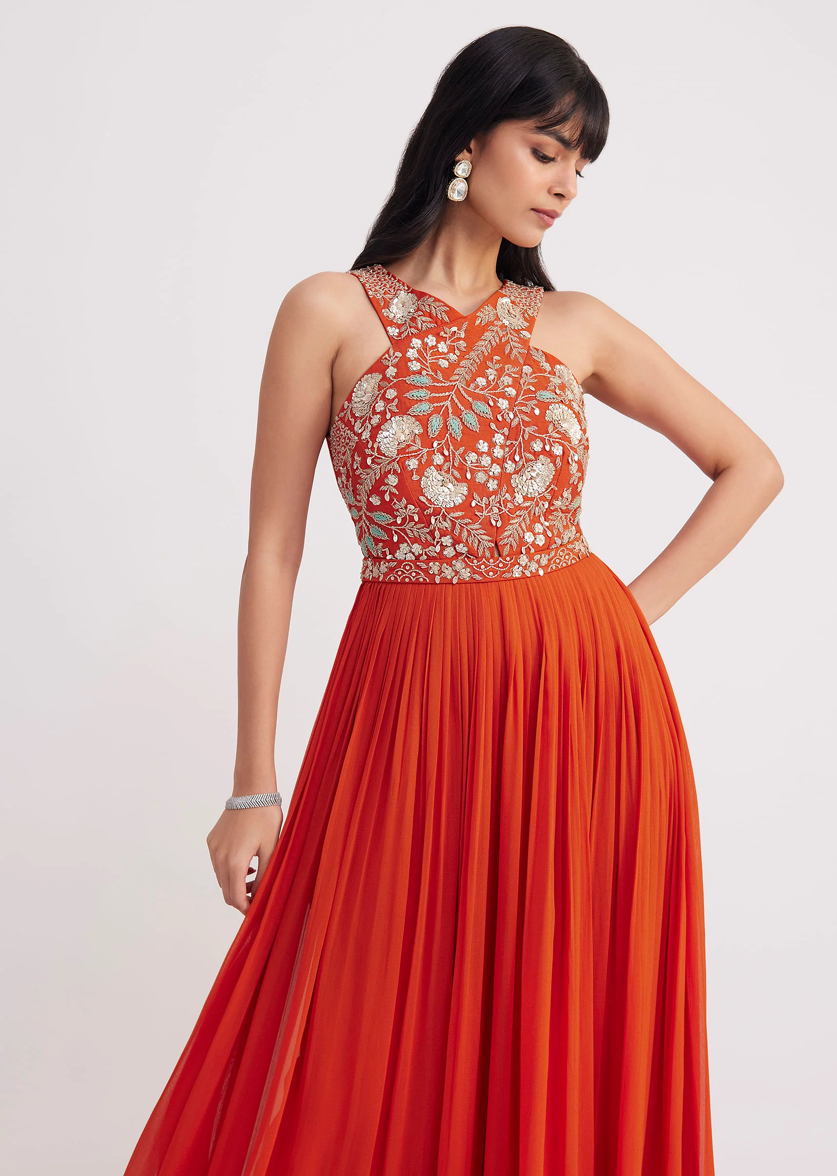 Orange Georgette Embroidered Jumpsuit With Belt - Image 4