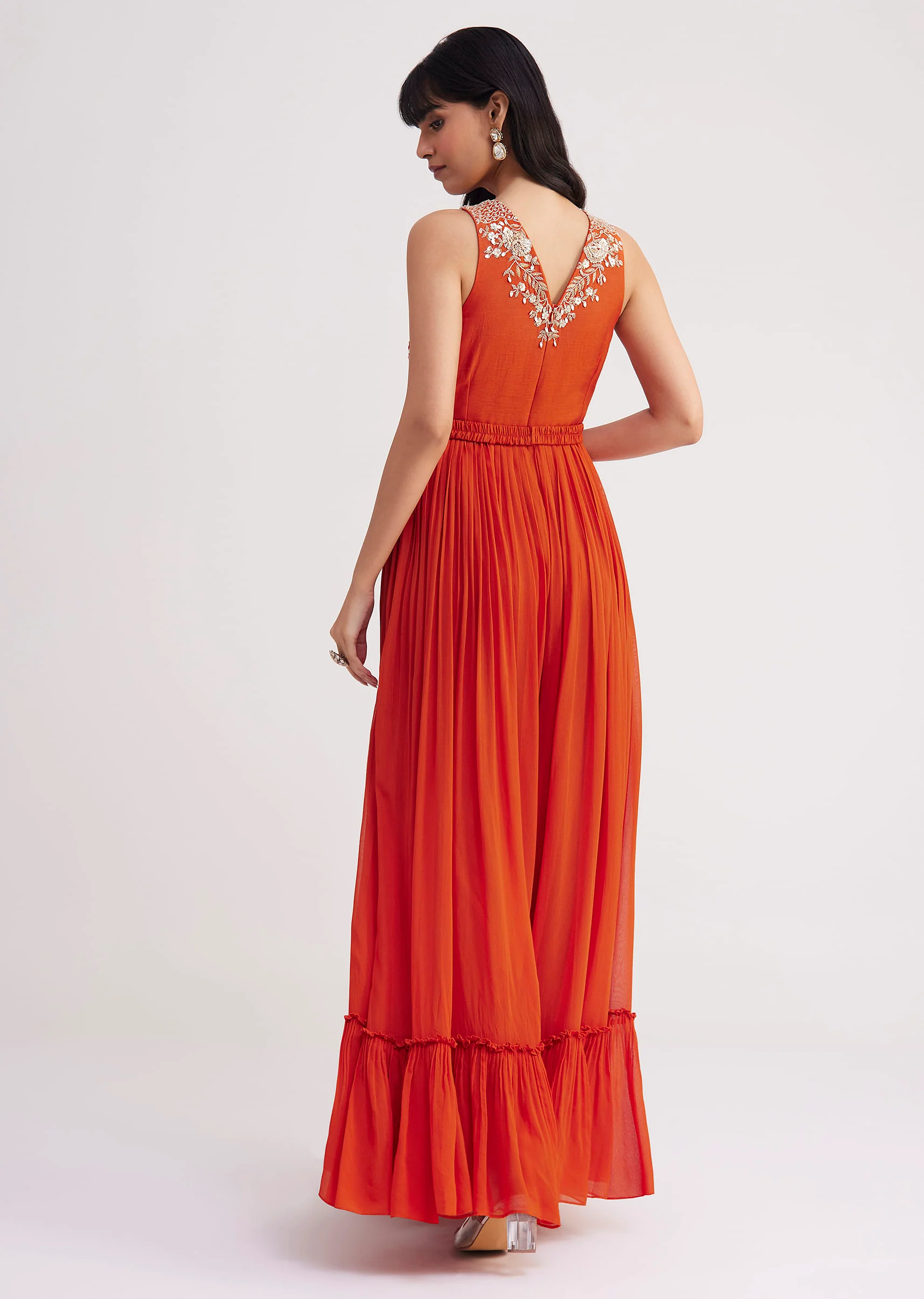 Orange Georgette Embroidered Jumpsuit With Belt - Image 5