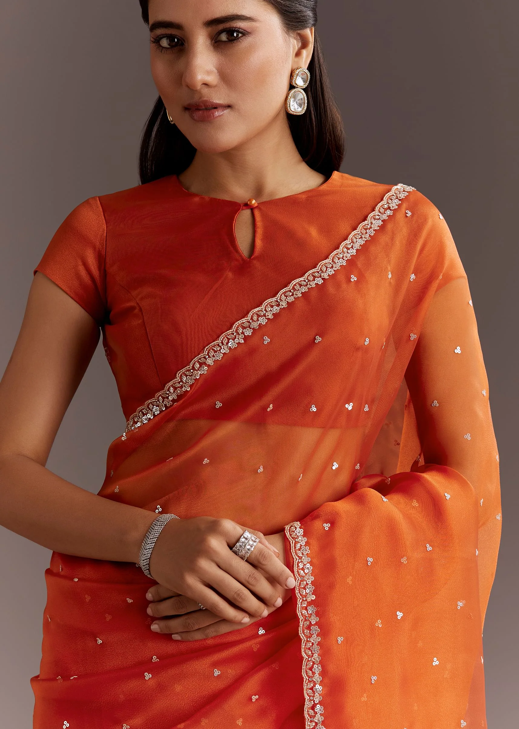Orange Glass Tissue Saree With Cutdana And Sequins Scallop Border - Image 2
